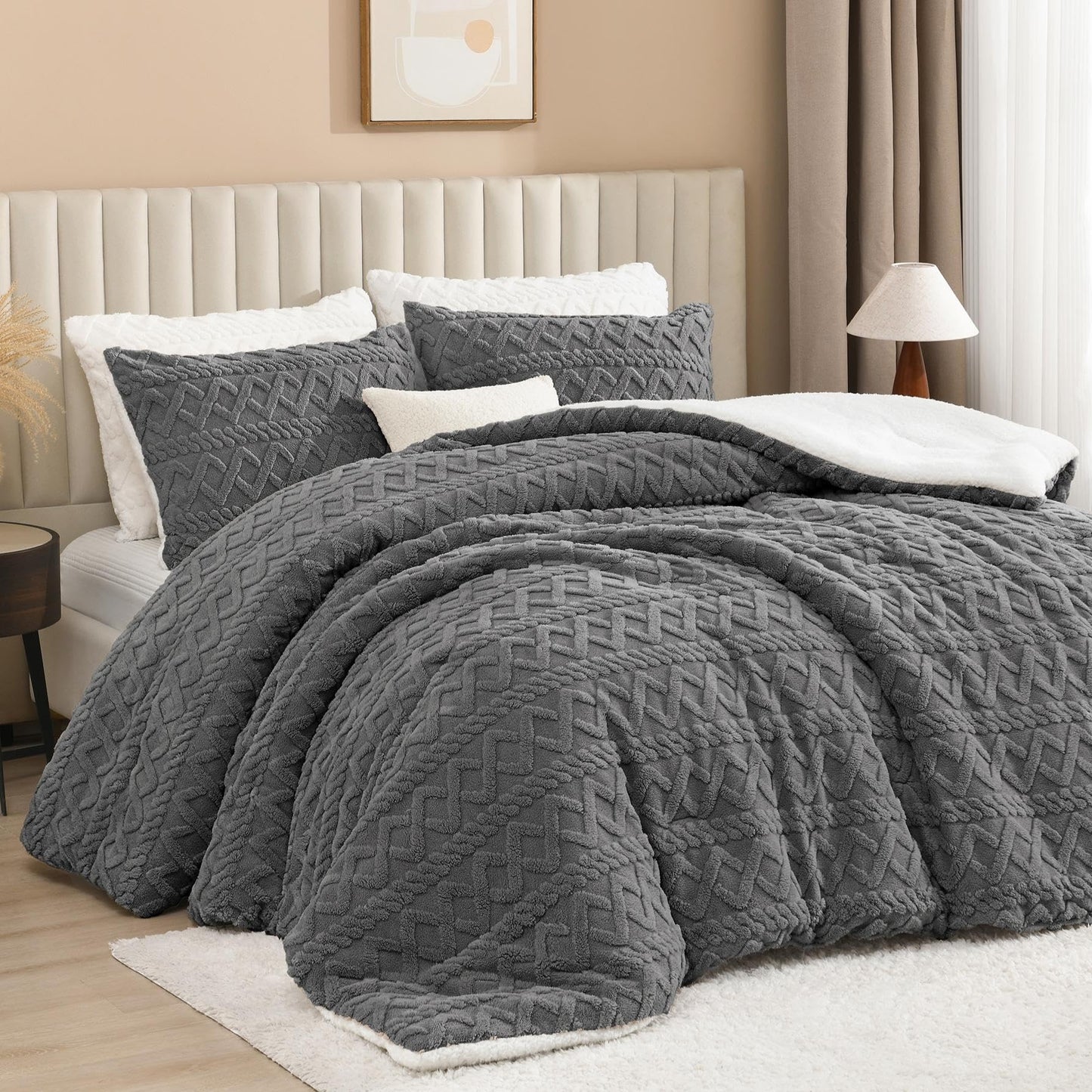Andency Fluffy Sherpa Full Comforter Set Grey, Super Soft Gray Fleece Warm Bedding for Winter, Luxury Jacquard Boho Thick Fuzzy Plush Bed Set 3 Pieces(1 Shaggy Comforter, 2 Pillowcases)