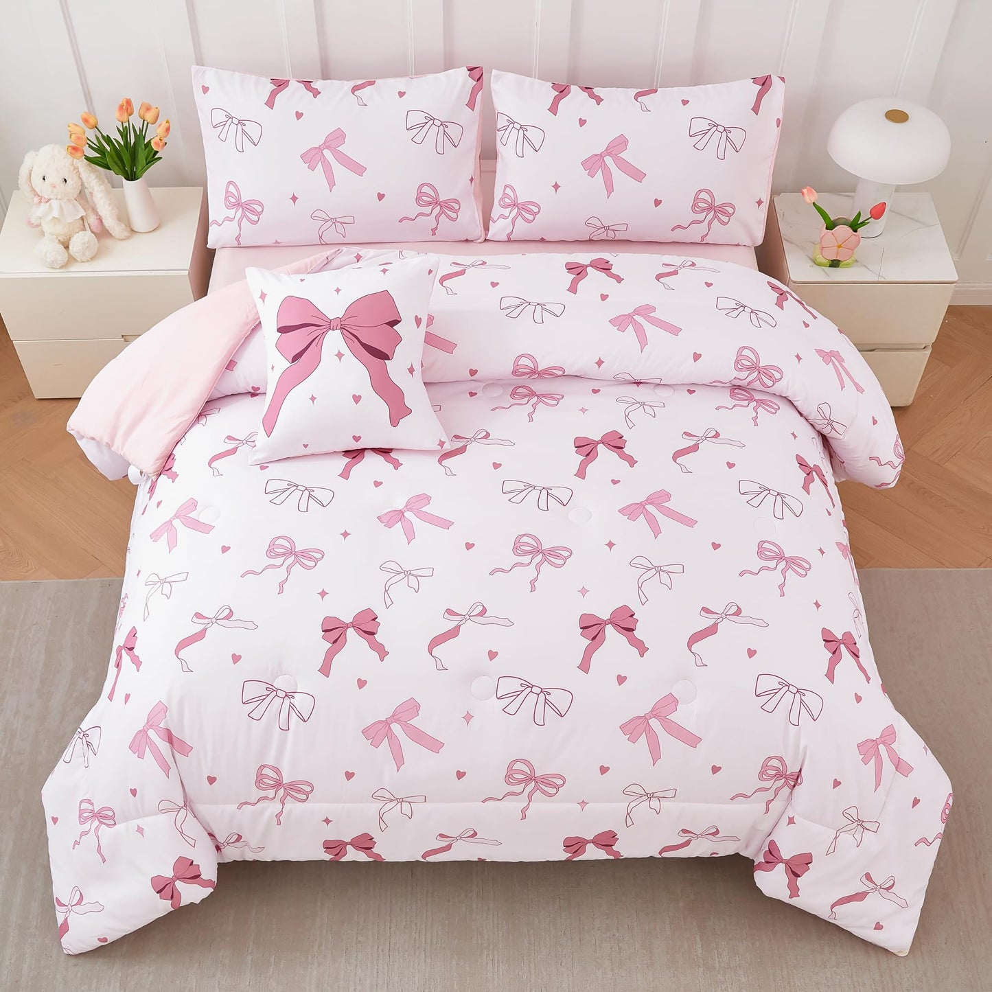 ANGIYUIN Pink Bow Full Size Comforter Sets, Ribbon Bow Knot Girls Bedding Set, 6 Pieces Lover Hearts Stars Kids Bed in a Bag with Sheets(Bow Full)