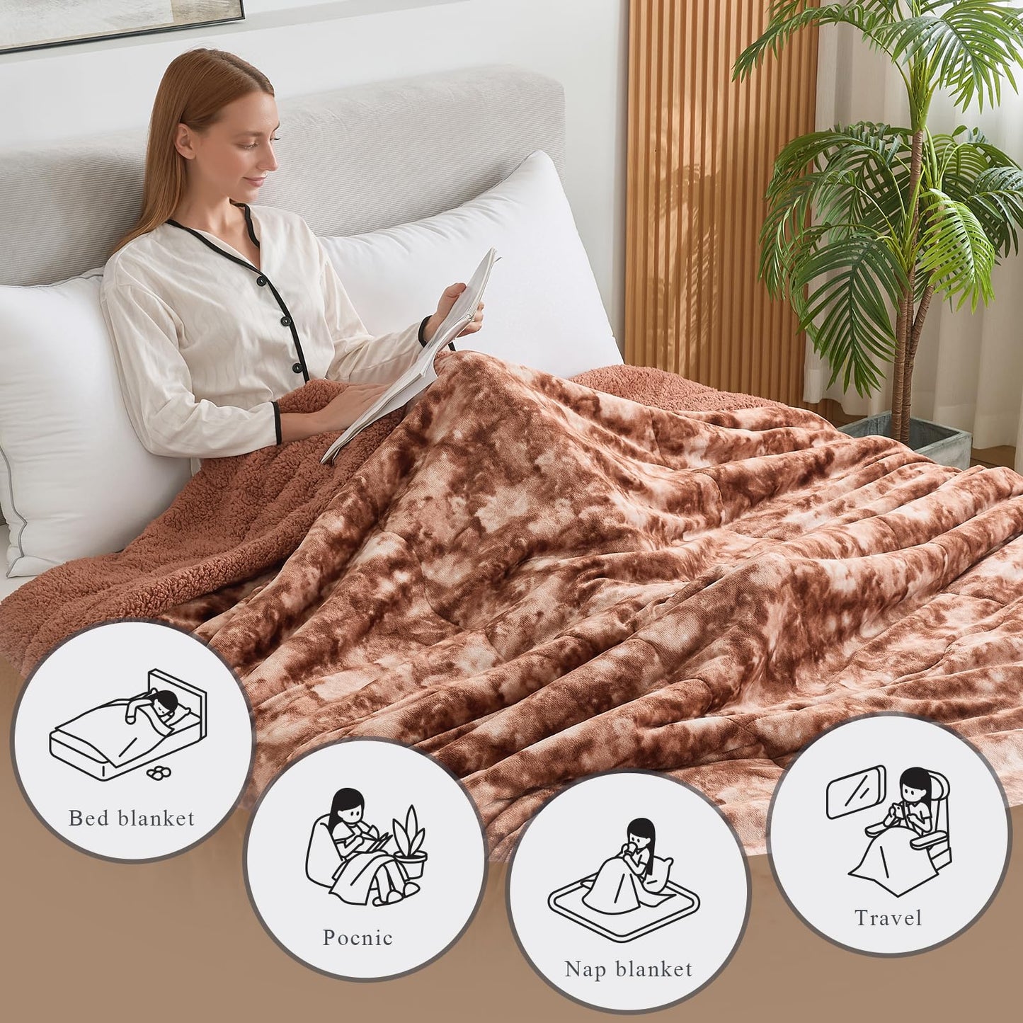 CHOSHOME Sherpa Fleece Blanket- Thick Warm Blanket for Winter, Soft Fuzzy Plush Blanket for Bed, Couch, Travel (Tie Dye Brown, King 90" x 108")