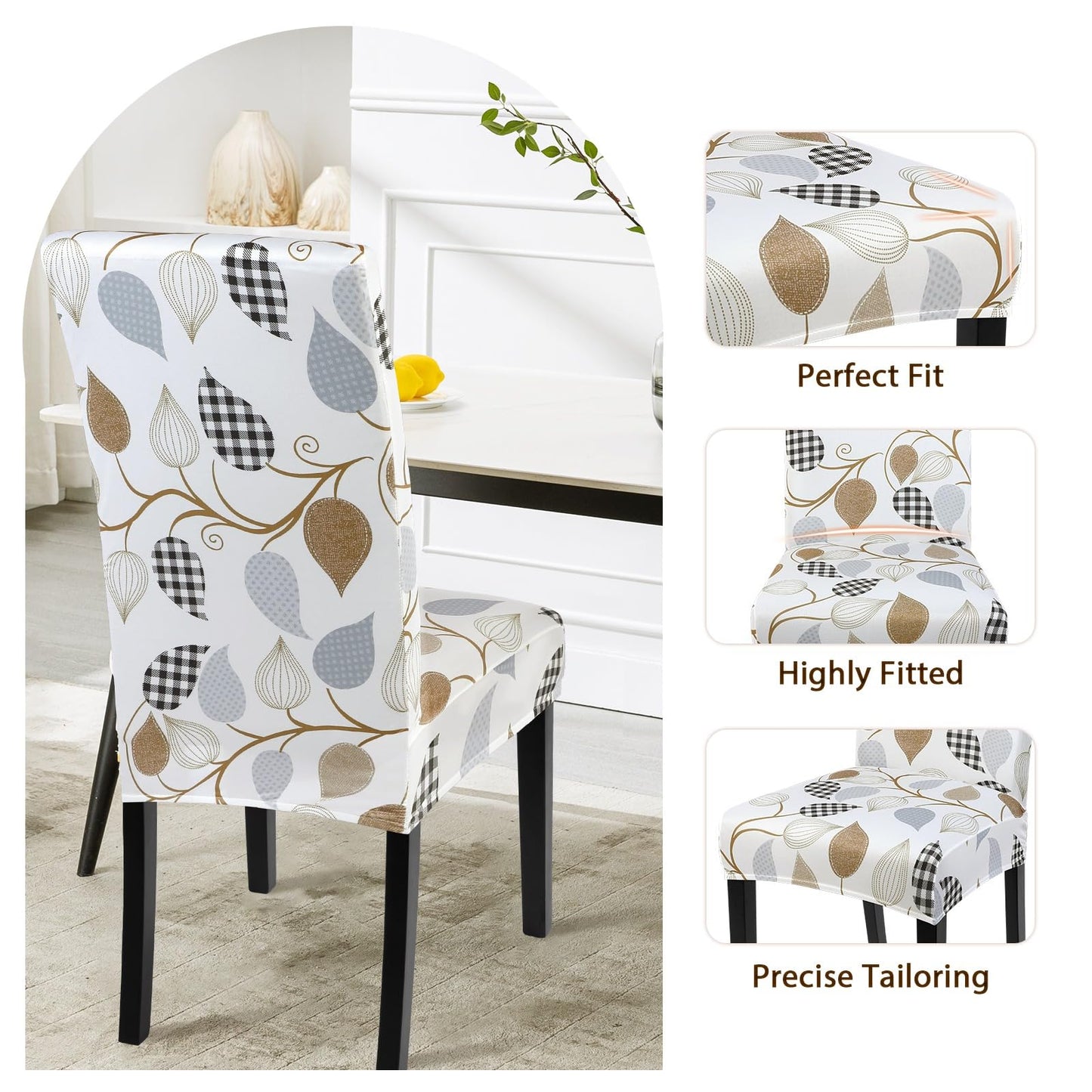 SearchI Dining Room Chair Covers Set of 4, Stretch Printed Floral Parsons Chair Slipcovers Removable Washable Kitchen Chair Protector Cover for Dining Room, Hotel, Ceremony (Checked Leaf Pattern)