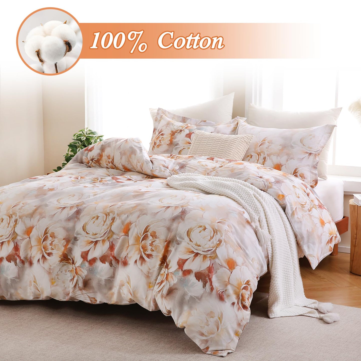 Ocharo 100% Cotton Duvet Cover King Size, Floral Reversible Duvet Cover Set with Zipper Closure, Soft 3 Pieces Bedding Set with 2 Pillow Shams(20"x36")