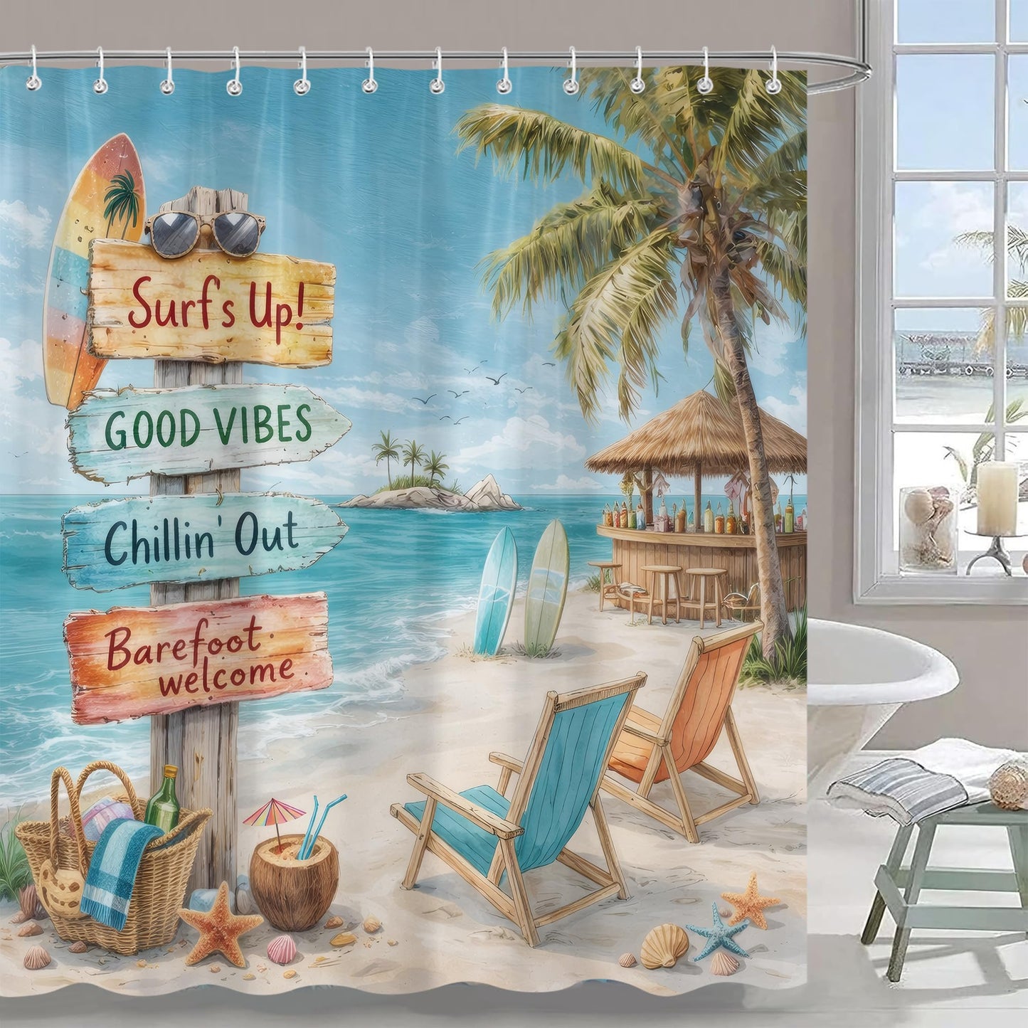PAOPOED Beach Shower Curtain 72x72 Inch, Coastal Ocean Bathroom Curtain with Tropical Surf Sign, Waterproof Fabric, Farmhouse Summer Beach Decor, 12 Hooks Included