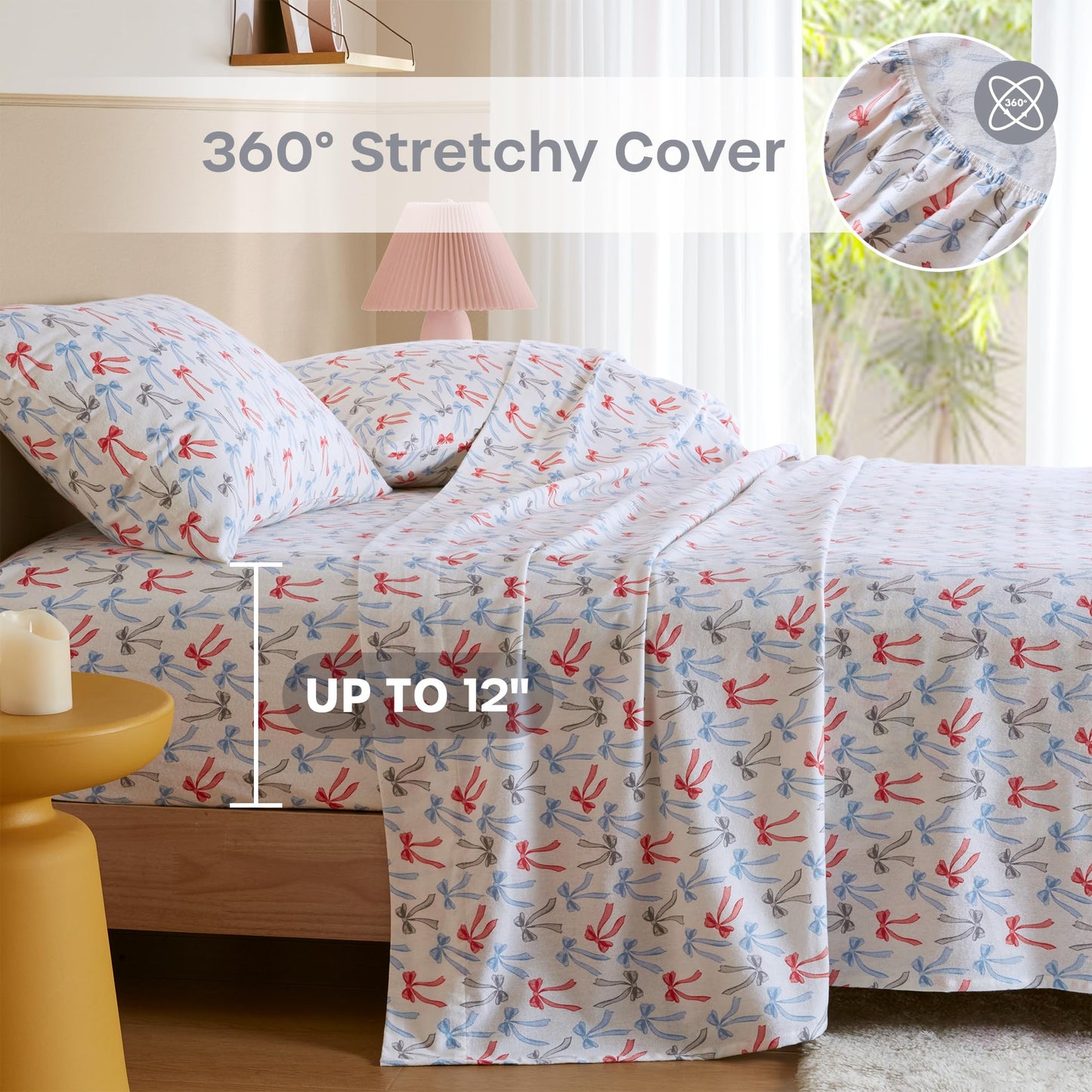 Intelligent Design Flannel Sheets Full, Cozy Soft 100% Cotton Flannel Bedding, Printed Warm Full Sheets Set, Ultra Soft Cold Weather Bed Sheet Set, Happy Bows, 4 Piece