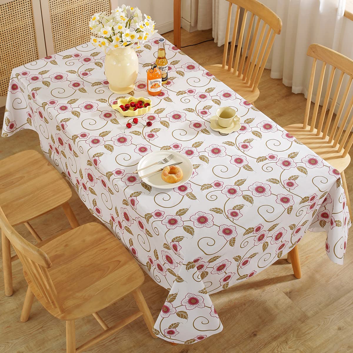 Spring Summer Vinyl Tablecloth with Flannel Backing Rectangle 52 x 70 Inch, 100% Waterproof & Oil Proof Plastic Floral Table Cloth, Heavy Duty Table Cover for Camping, Party, Picnic, Outdoor