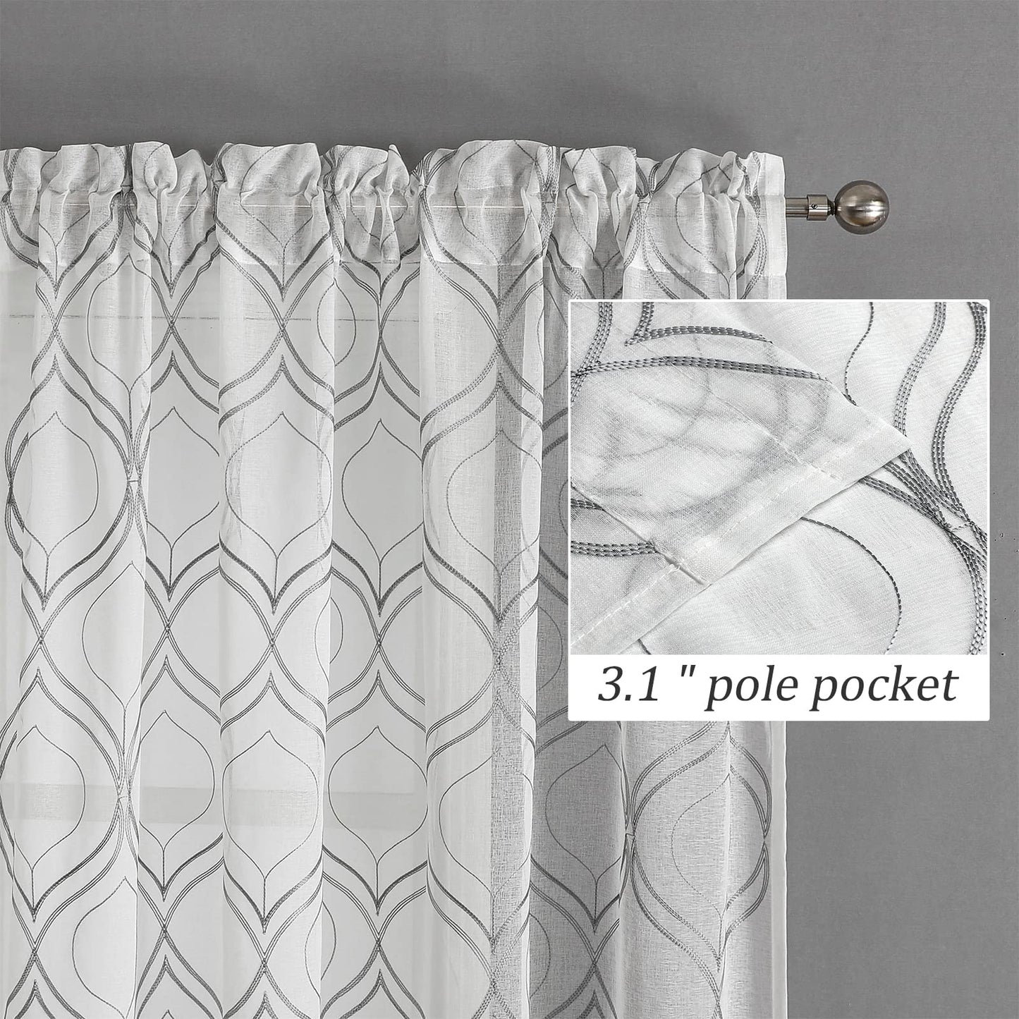 VISIONTEX White Sheer Curtains 84 Inches Long 2 Panels, Light Filtering Grey Moroccan Trellis Embroidered Semi Sheer Voile Drapes, Rod Pocket Textured Window Curtain for Bedroom Living Room 54W x 84L