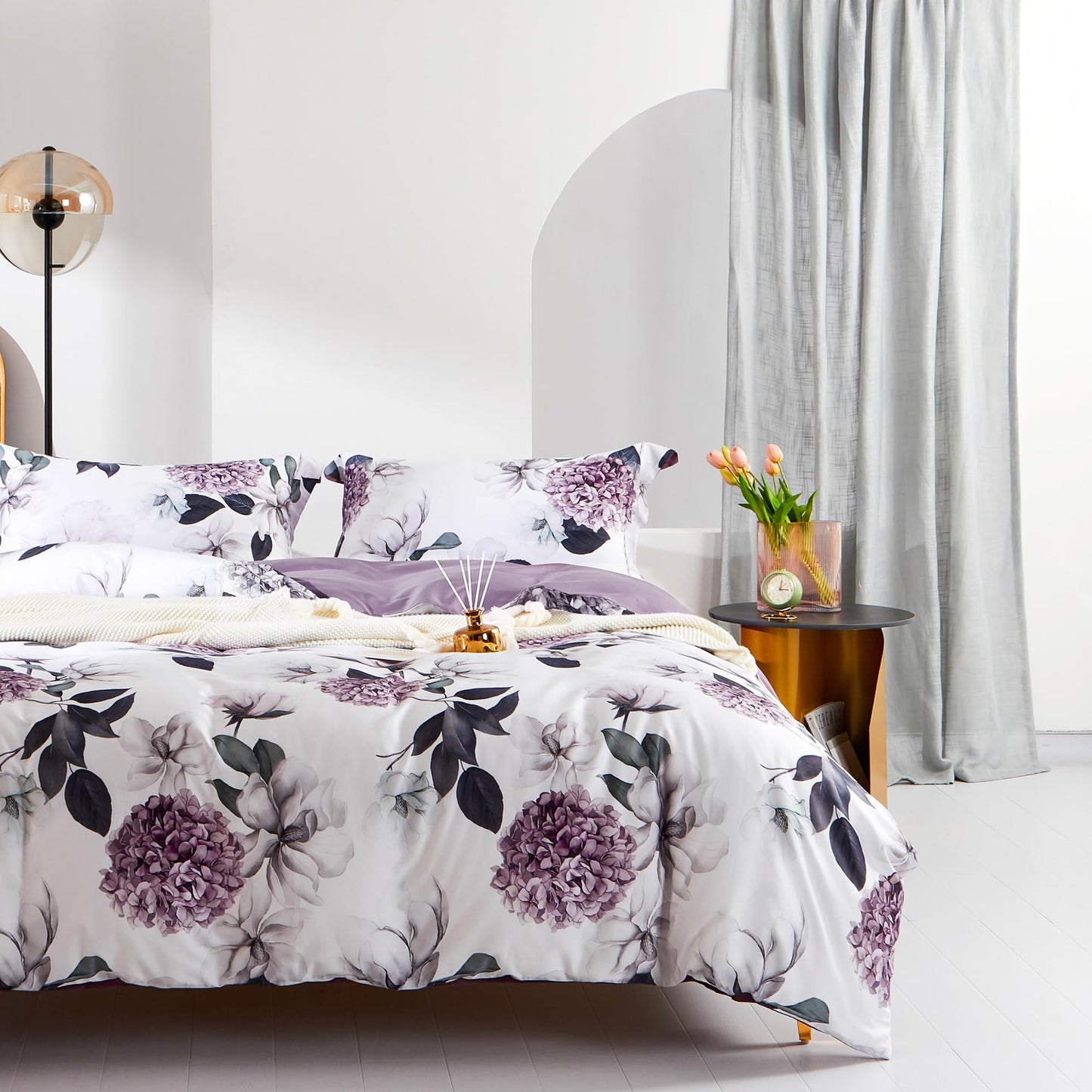 MILDLY 100% Long-Staple Cotton Duvet Cover Set Hydrangea Lotus Flower Pattern Printed Comforter Cover 3pcs, Ultra Soft & Breathable Bedding Set
