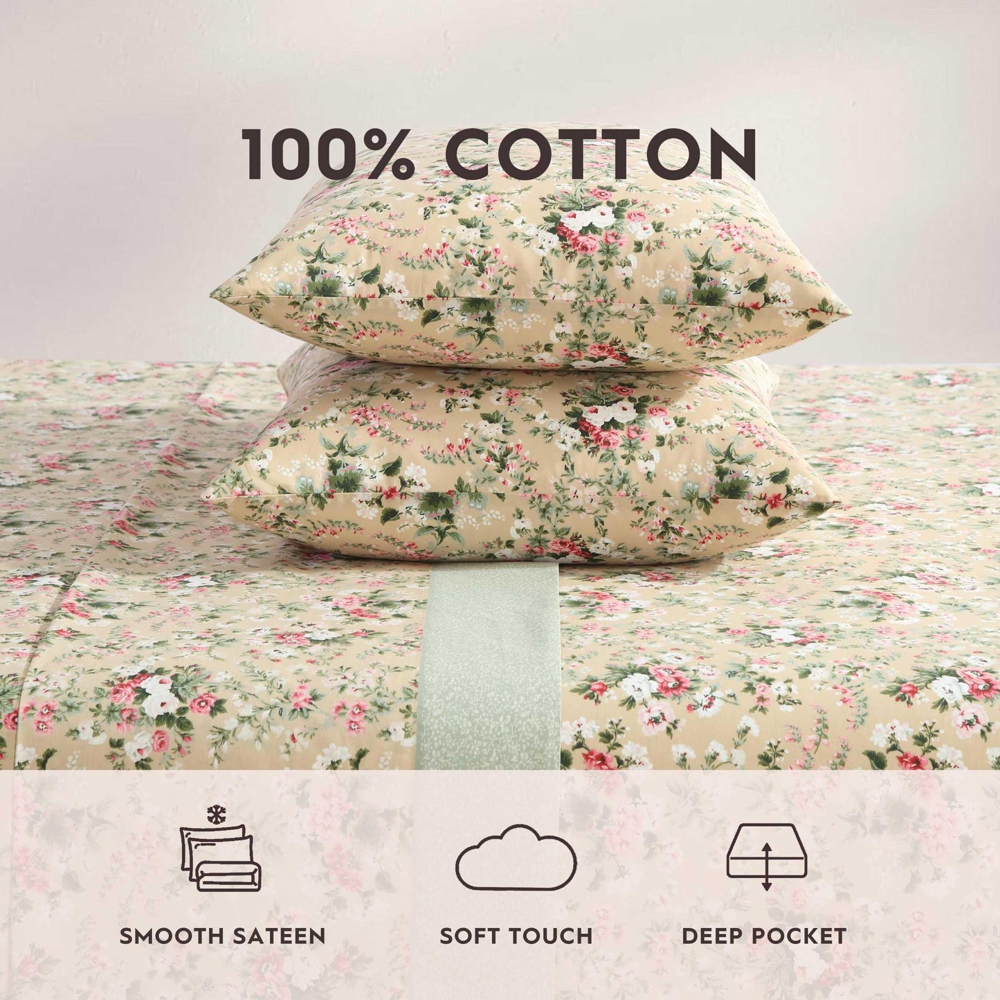 Laura Ashley – Twin Size Sheet Set, Crisp & Lightweight Cotton Percale Bedding with Fitted Sheet and Pillowcase, Floral Room Decor, Deep Pocket, College Dorm Room Essentials (Serene Dream Brown)