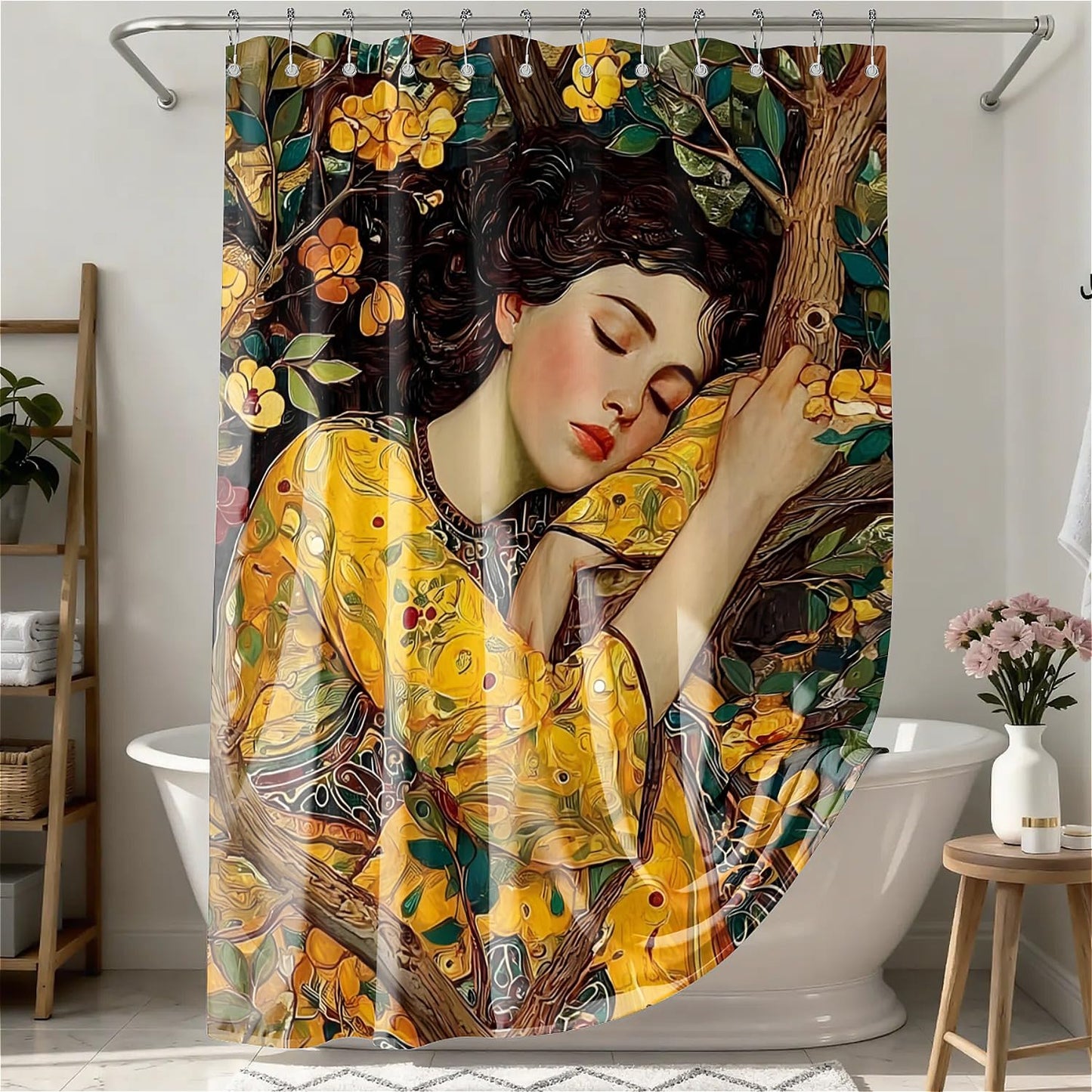 TANGXUNFA Beautiful Girl Sleeping Shower Curtain for Bathroom, Water-Resistant Long Shower Curtain Set 72x72 Inch with Metal Grommets and 12 Metal Hooks