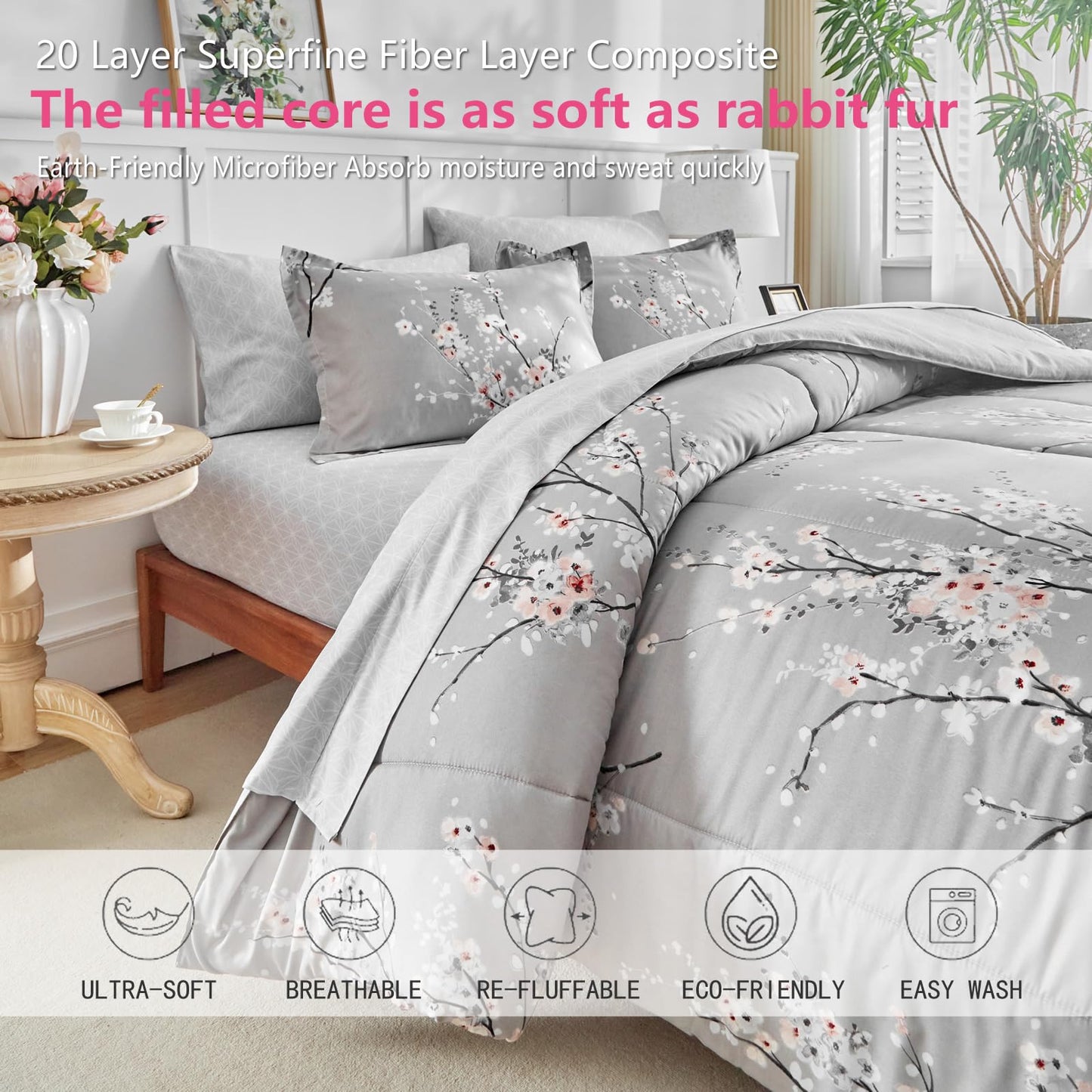 AIKASY Bed in a Bag 7 Pieces King Size - Floral Print - Soft Microfiber, Reversible Bed Comforter Set (1 Comforter, 2 Pillow Shams, 1 Flat Sheet, 1 Fitted Sheet, 2 Pillowcases)（Grey, King）