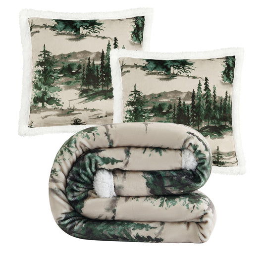 Paseo Road Indigo Hill by HiEnd Accents Joshua 3 Piece Sherpa Throw Blanket Set, Forest Pine Trees Nature Print Fleece Throw Set, Western Cabin Lodge Style, 1 Throw and 2 Pillows
