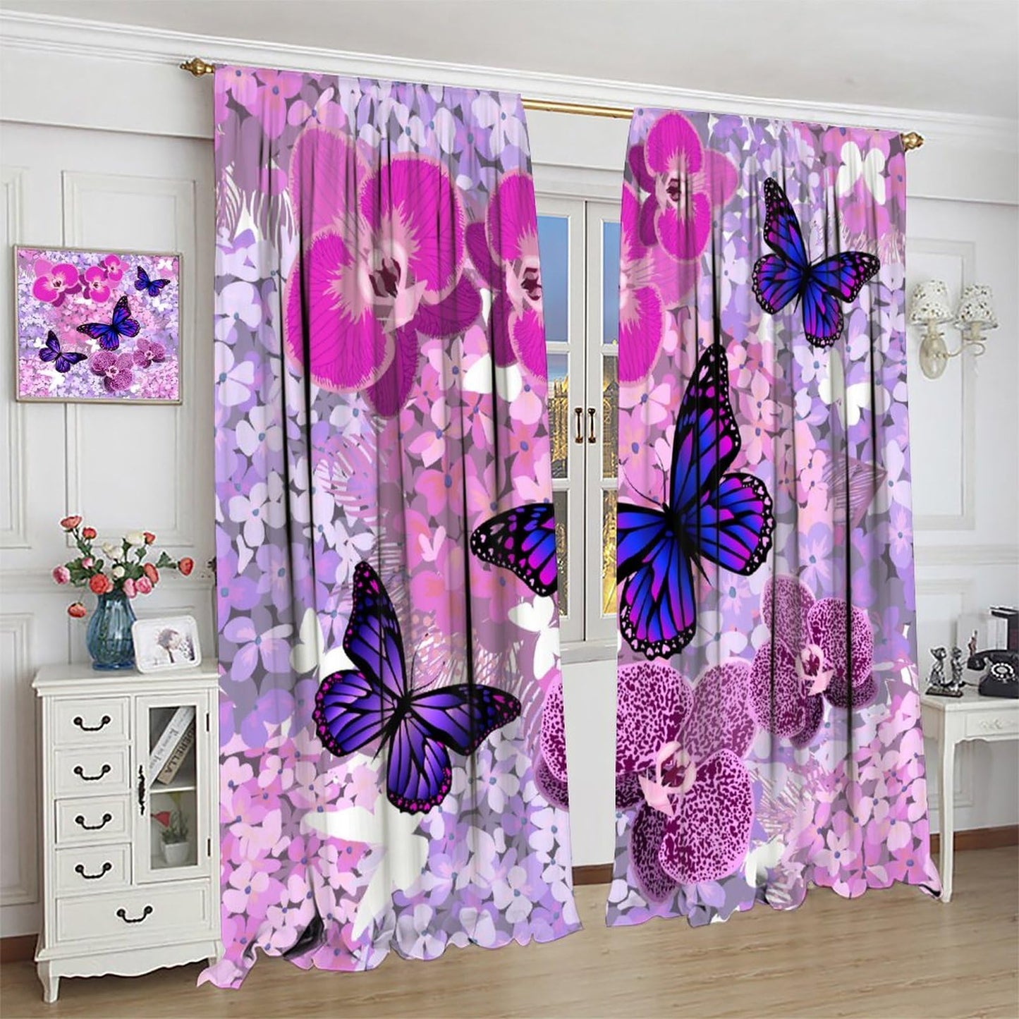 Butterfly Decor Curtains for Girls Boy Home Decor, Romantic Fantasy Butterflies Floral Thermal Insulated Drapes Darkening Window Curtain for Bedroom Living Room Set 2 Panels,42x45 Inches