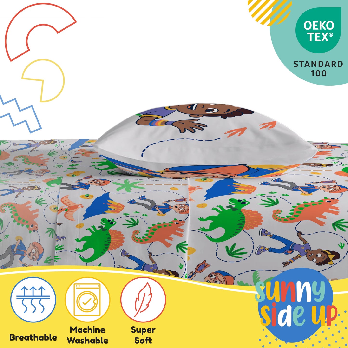 Sunny Side Up Kids Sheet Set Includes Sheets and Pillow Cover - 100% Microfiber Bedding and Room Decor, Gray - Blippi, 3 Piece Twin