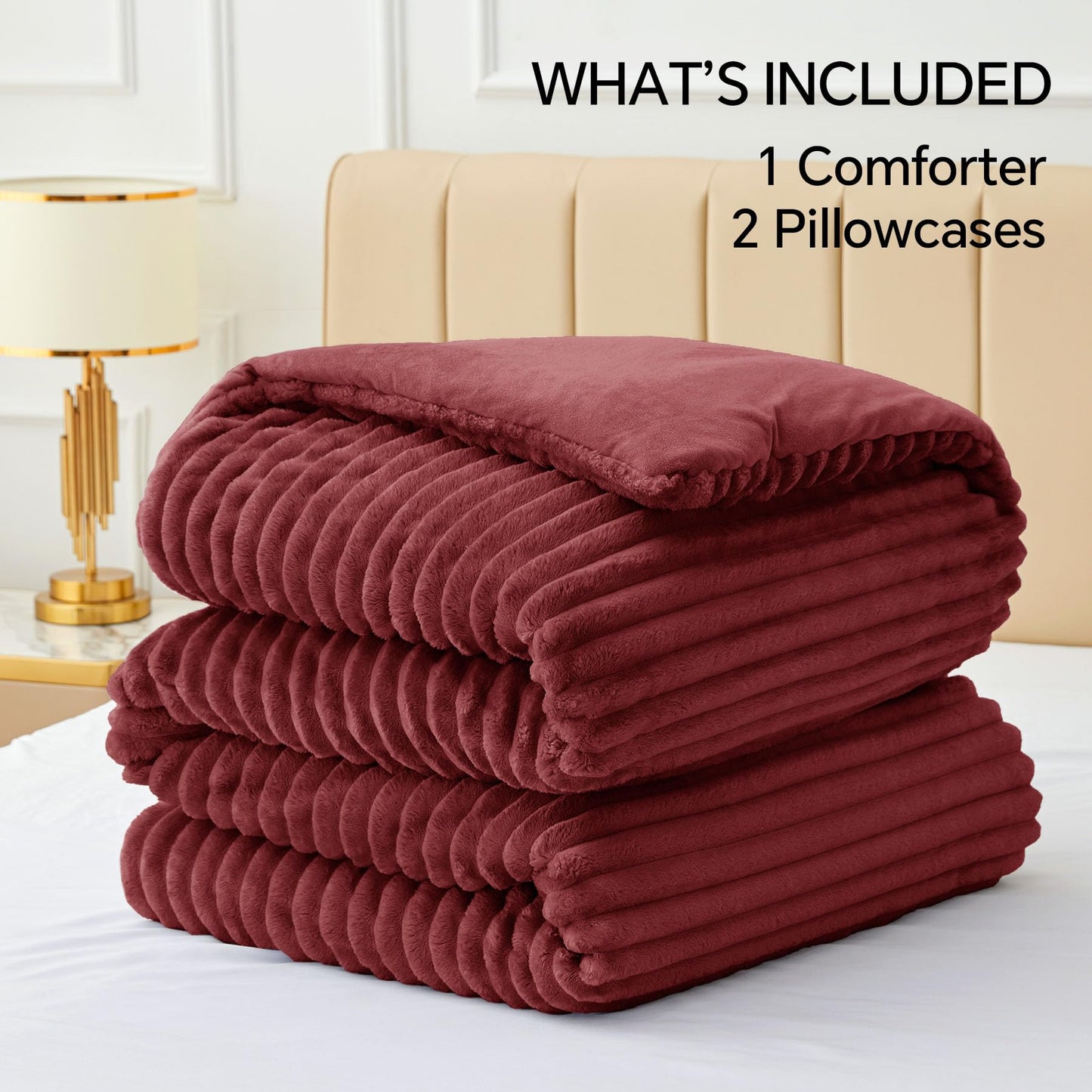 BEDELITE Fleece Queen Comforter Set -Super Soft & Warm Fluffy Burgundy Bedding, Luxury Fuzzy Heavy Bed Set for All Season with 2 Pillow Cases