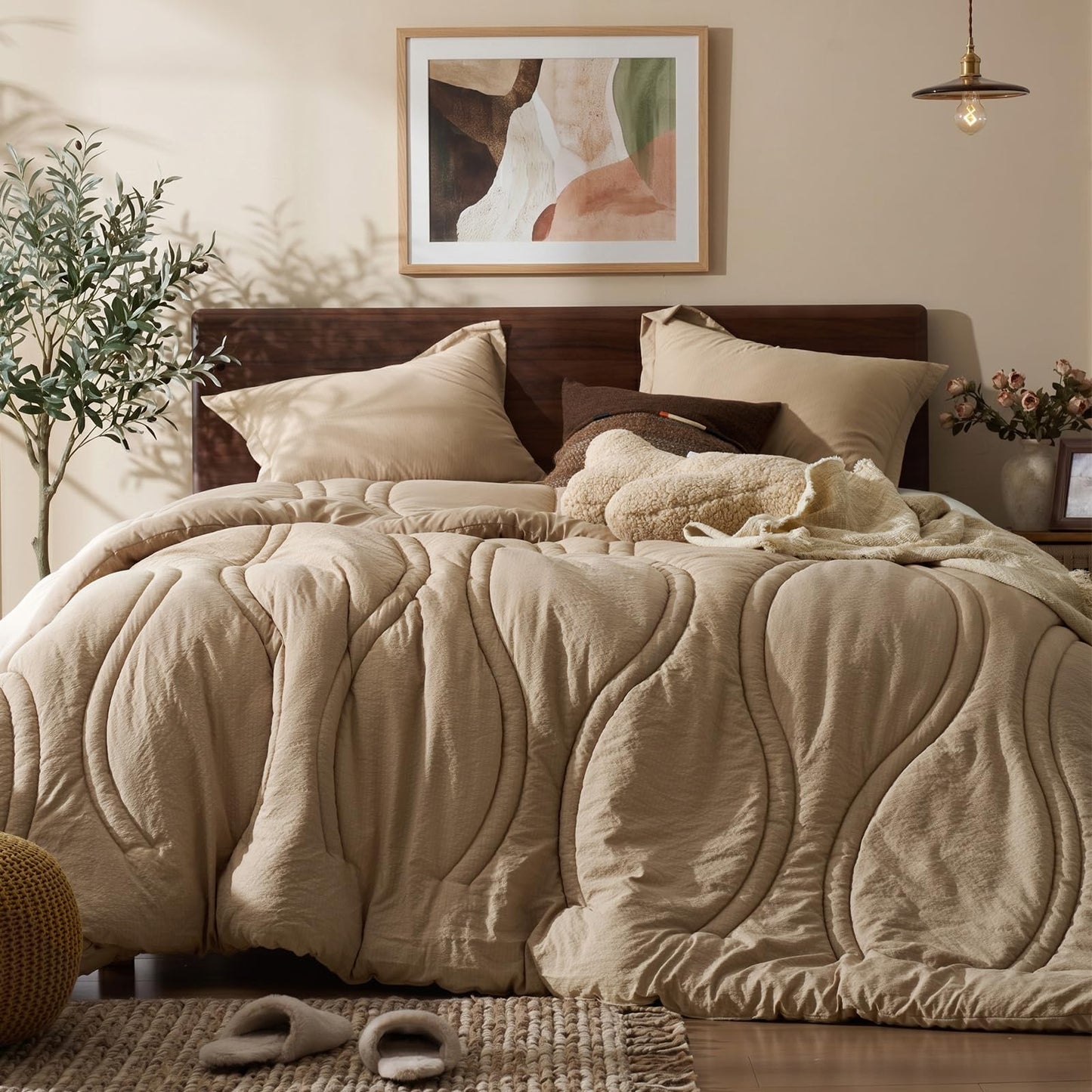 King Size Comforter Set 3 Pieces: Taupe Quilted 104"X90" Comforter With Vase Striped Pattern Design- Modern Dark Khaki Cozy Fluffy Soft All Seasons Jacquard Bed Set with 2 Pillow Shams for Bedroom