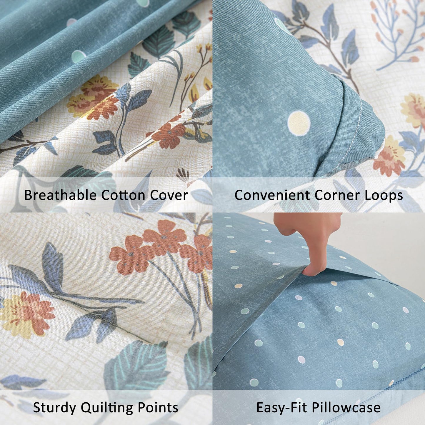 LEMIROE Botanical Cotton Comforter Queen Size - Lake Green Comforter with Dusky Blue & Warm Rust Leaves on Ivory,Reversible Lightweight Bedding Sets 3Pcs(Polka Dot)