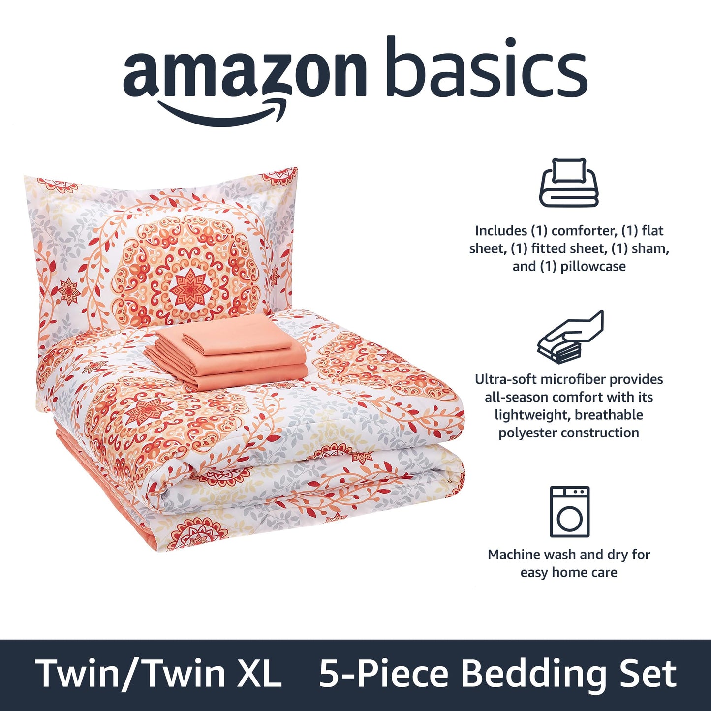 Amazon Basics Twin/Twin XL Lightweight Microfiber Comforter Bedding Set with Printed Sheets, 5-Piece Bed-in-a-Bag, Coral Medallion