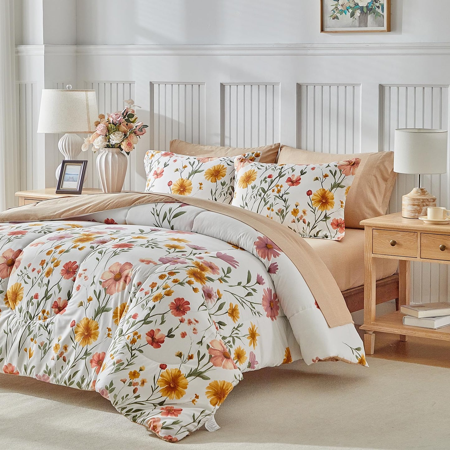 White Floral Comforter Sheet Set Reversible Bohemian Bed in a Bag Bedding Set, Botanical Bedding Set (1 Comforter 2 Pillow Shams 1 Flat Sheet 1 Fitted Sheet 2 Pillowcases) 7PC Queen Size Yellow