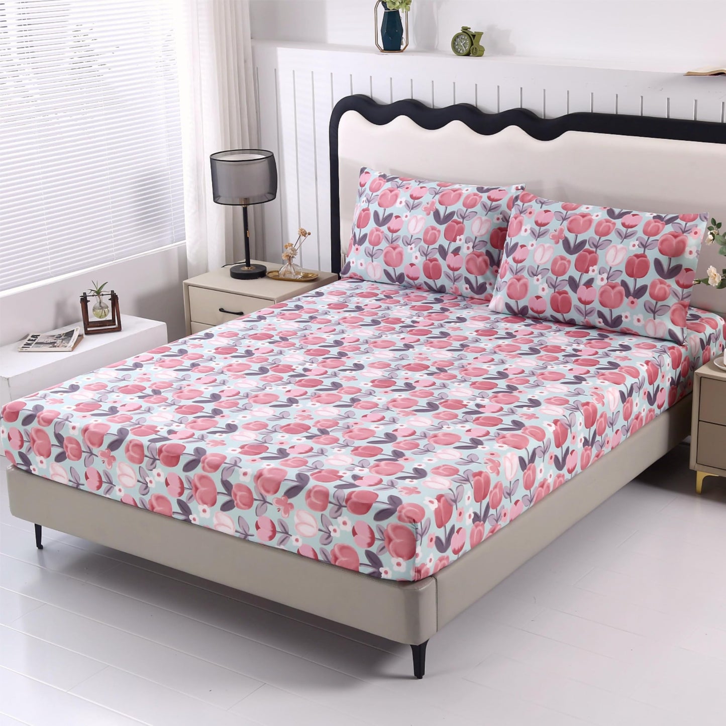 SDIII Pink Floral Queen Fitted Sheet with 2 Pillowcases, Deep Pocket Soft Microfiber Romantic Blush Pink Queen Sheets Floral All Season