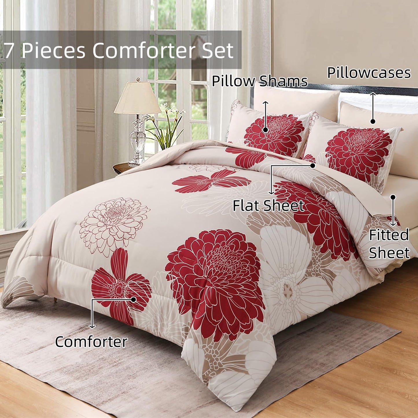 Yiran 7 Pieces Queen Comforter Set Red Floral Bed in a Bag Soft Microfiber Bedding Set 90"×90"(1 Comforter 1 Flat Sheet 1 Fitted Sheet 2 Pillowshams 2 Pillowcases)