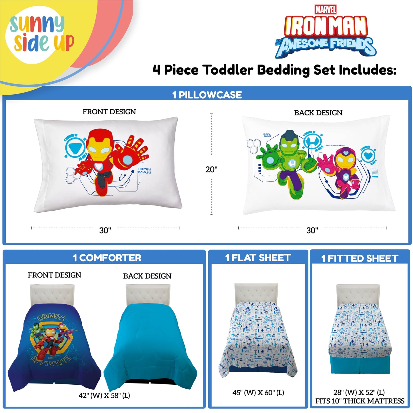 Sunny Side Up Kids Comforter Set Includes Sheets and Pillow Covers - Soft and Cozy Bed Set for Stylish Room Decor, Blue - Iron Man and His Awesome Friends, 4 Piece Toddler Bed Frame Size Bedding