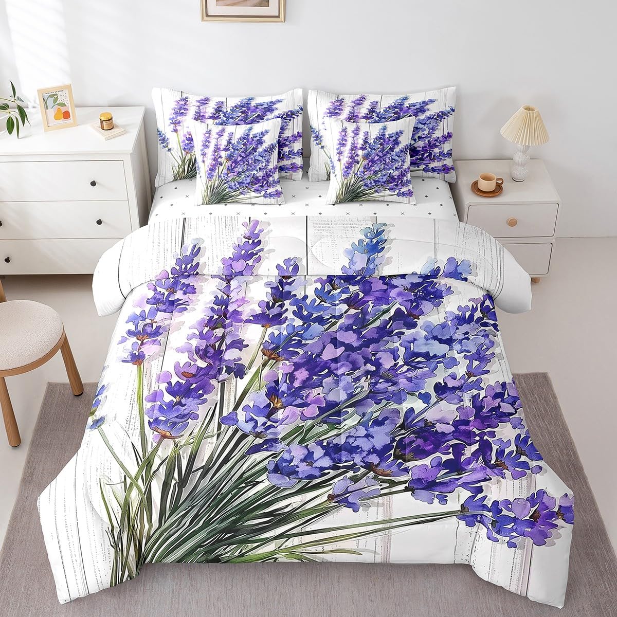 Erosebridal Lavender Flower Comforter Set Full Size,Oil Painting Floral Bedding Set for Kids Teens,Groovy Lavender (Comforter+Fitted+Flat Sheet+2 Pillowcases+2 Throw Pillow Covers) 7 Pieces Bed Set