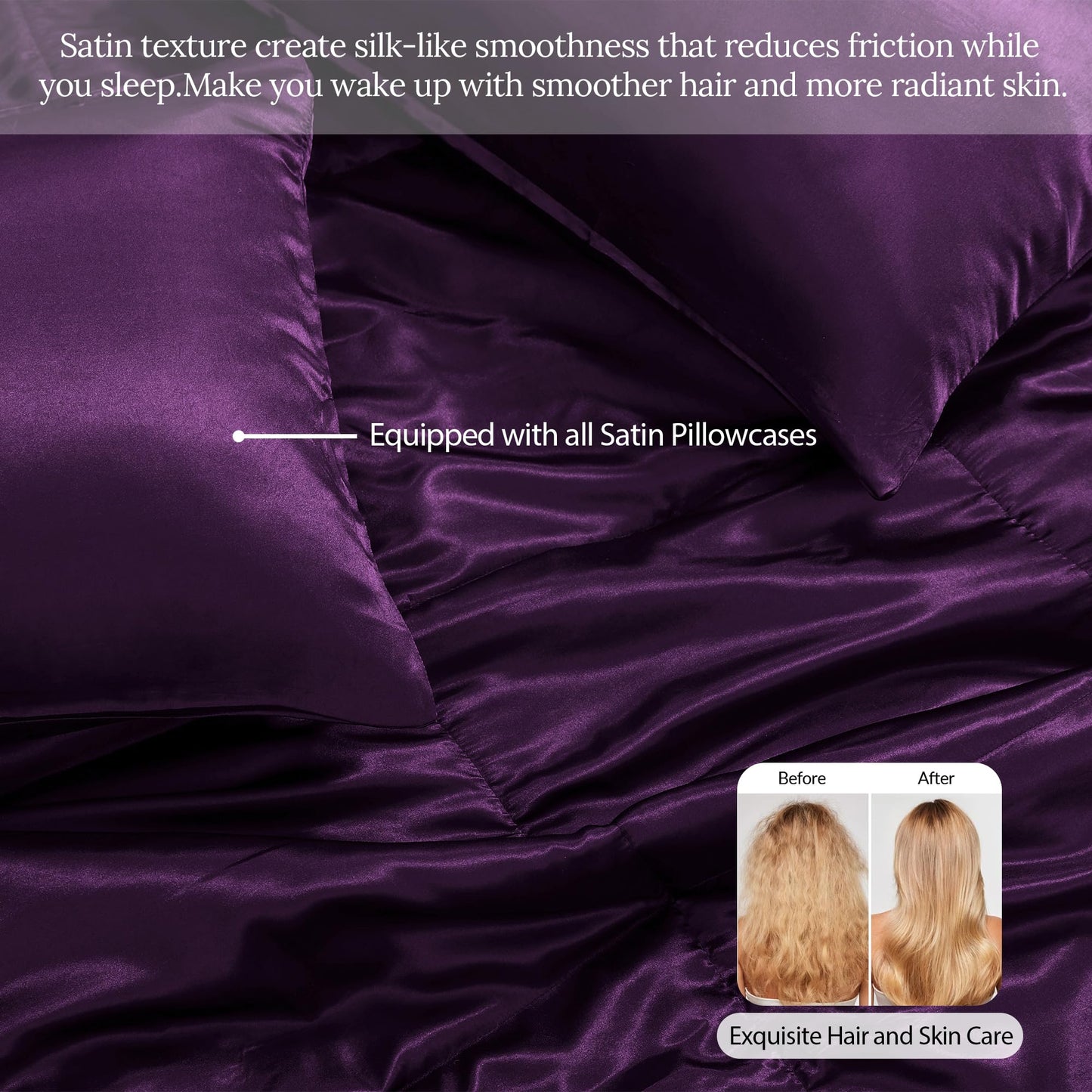 Whale Flotilla 3-Piece Reversible Silky Soft Queen Comforter Bedding Set, Luxurious Satin Comforters Full Size with 2 Satin Pillowcases, Lightweight Duvet for All Seasons, Purple