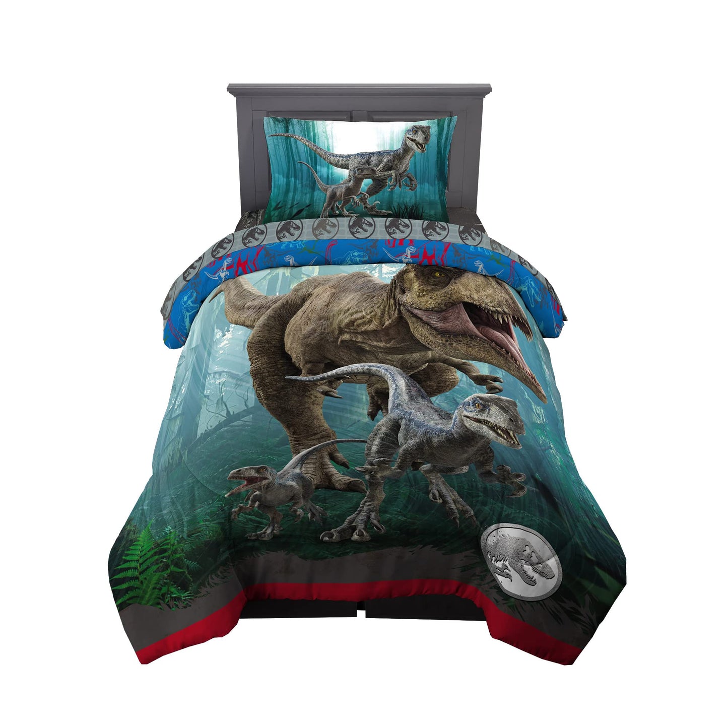 Jurassic World Dominion Blue Velociraptor and Rexy T-Rex Super Soft Microfiber Reversible Comforter, Twin Size, Bedding by Franco Kids