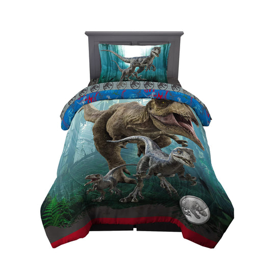 Jurassic World Dominion Blue Velociraptor and Rexy T-Rex Super Soft Microfiber Reversible Comforter, Twin Size, Bedding by Franco Kids