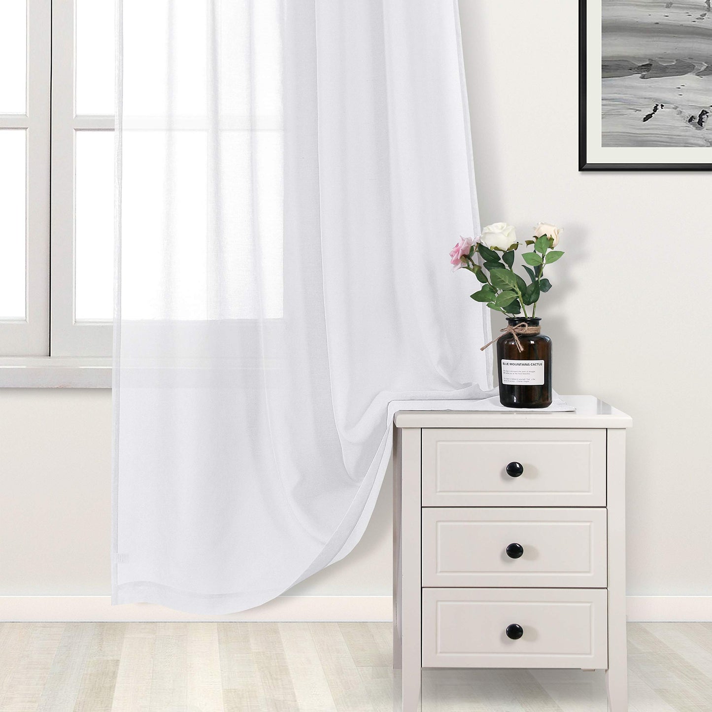 DWCN White Sheer Curtains Linen Look Semi Transparent Voile Grommet White Curtains for Living Dining Room Drapes 52 x 84 Inch Long, Set of 2 Panels