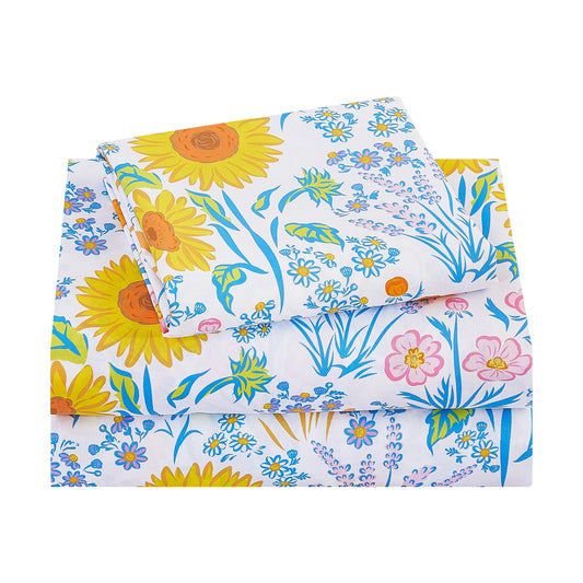 Viviland 3 Pieces Girls Floral Spring Twin Sheet Set - Soft Microfiber Fitted Flat Sheets & Pillowcase Bed Sheet Set - Summer Sunflower Print Bedding Sets for Kids