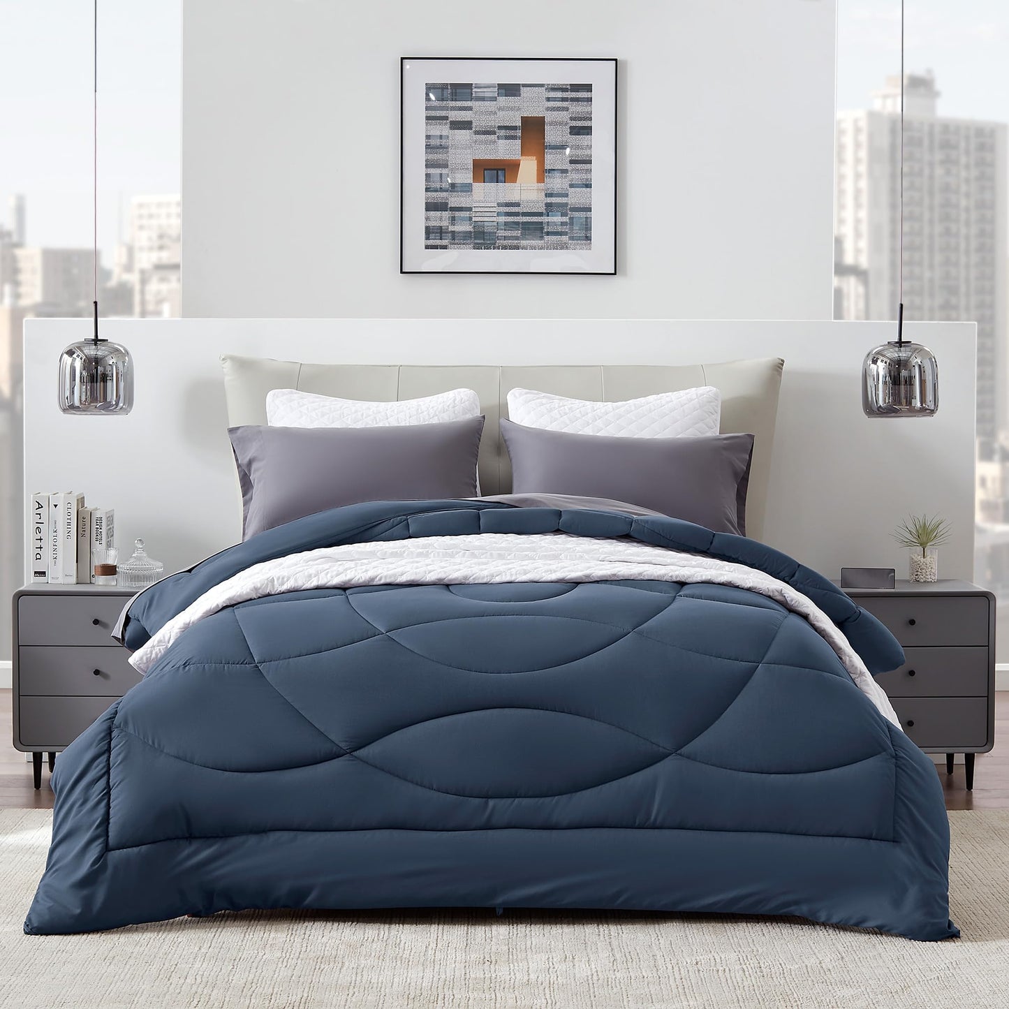 SLEEP ZONE Comforter Duvet Insert, Queen Size Quilted Reversible Comforters, Soft All Season Duvet, Down Alternative Breathable Bedding with 8 tabs, 2 Sides Flint Blue 88 x 88 Inches