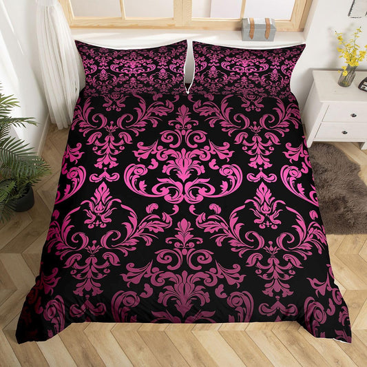 Feelyou Hot Pink Gothic Decor Duvet Cover Set Damask Floral Vintage Bedding Set Adults Antique Baroque Classic Paisley Pattern Retro Goth Teens Bedroom Decor Bedspread Cover King Size