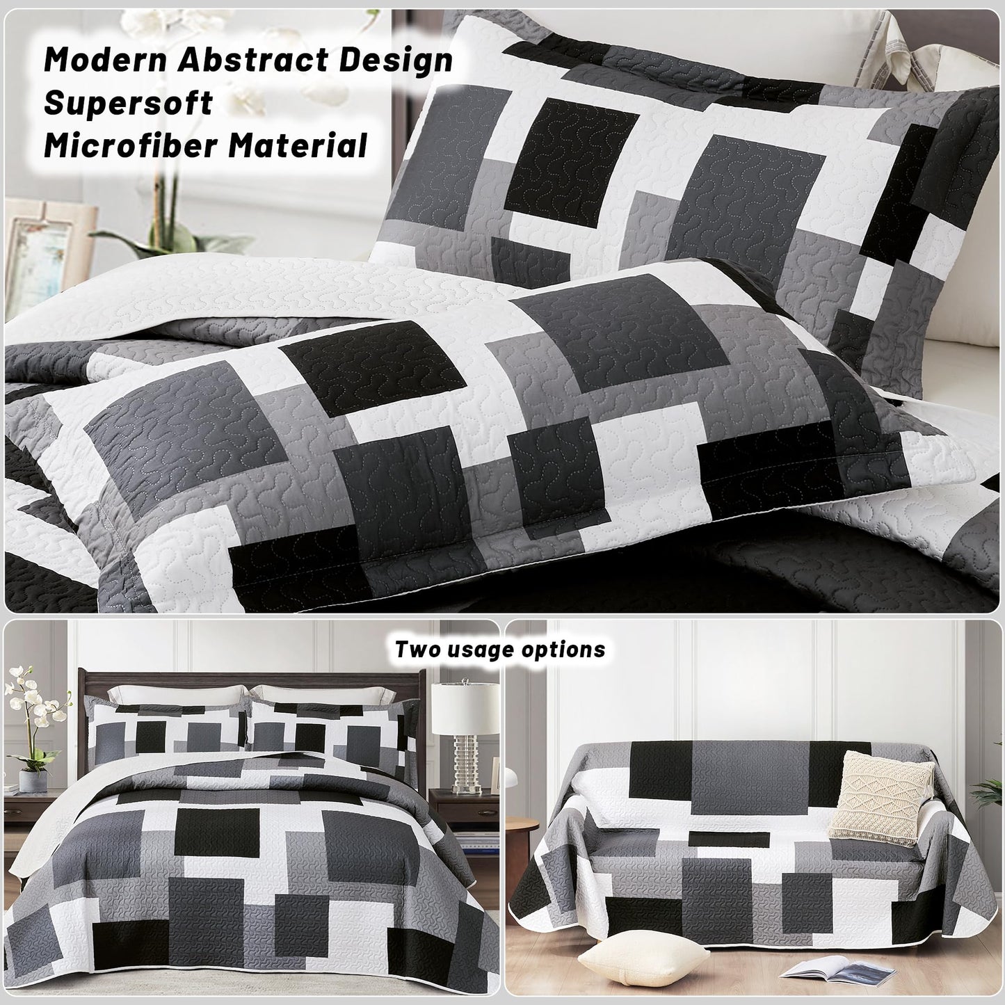 Tyrot 3 Piece Black Grey Quilt Set Full/Queen Size Black White Geometric Reversible Bedding Set Microfiber Lightweight Bedspread Coverlet with 2 Shams Modern Bed Covers for All Season, 90''x96''