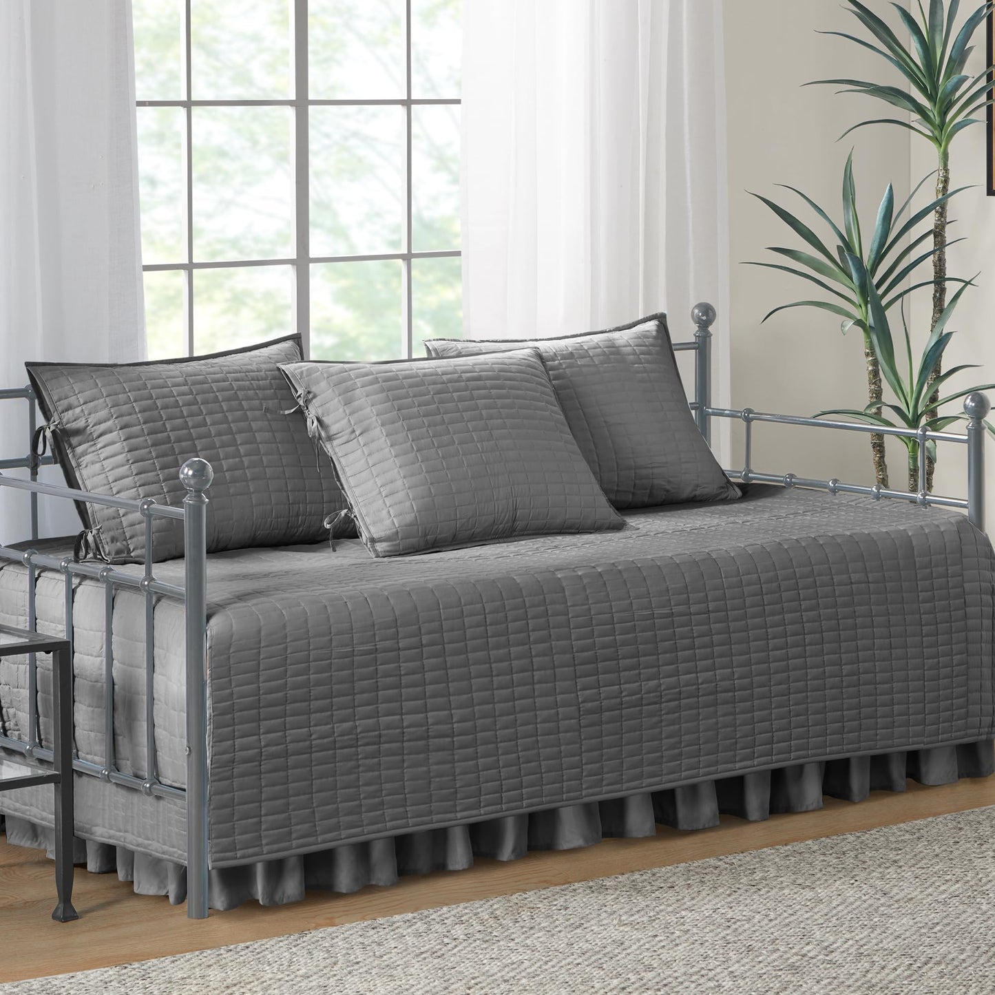 Comfort Spaces Daybed Cover- Luxe Double Sided -Quilting, All Season Cozy Bedding with Bedskirt, Matching Shams, 75'x39' Charcoal Grey 5 Piece