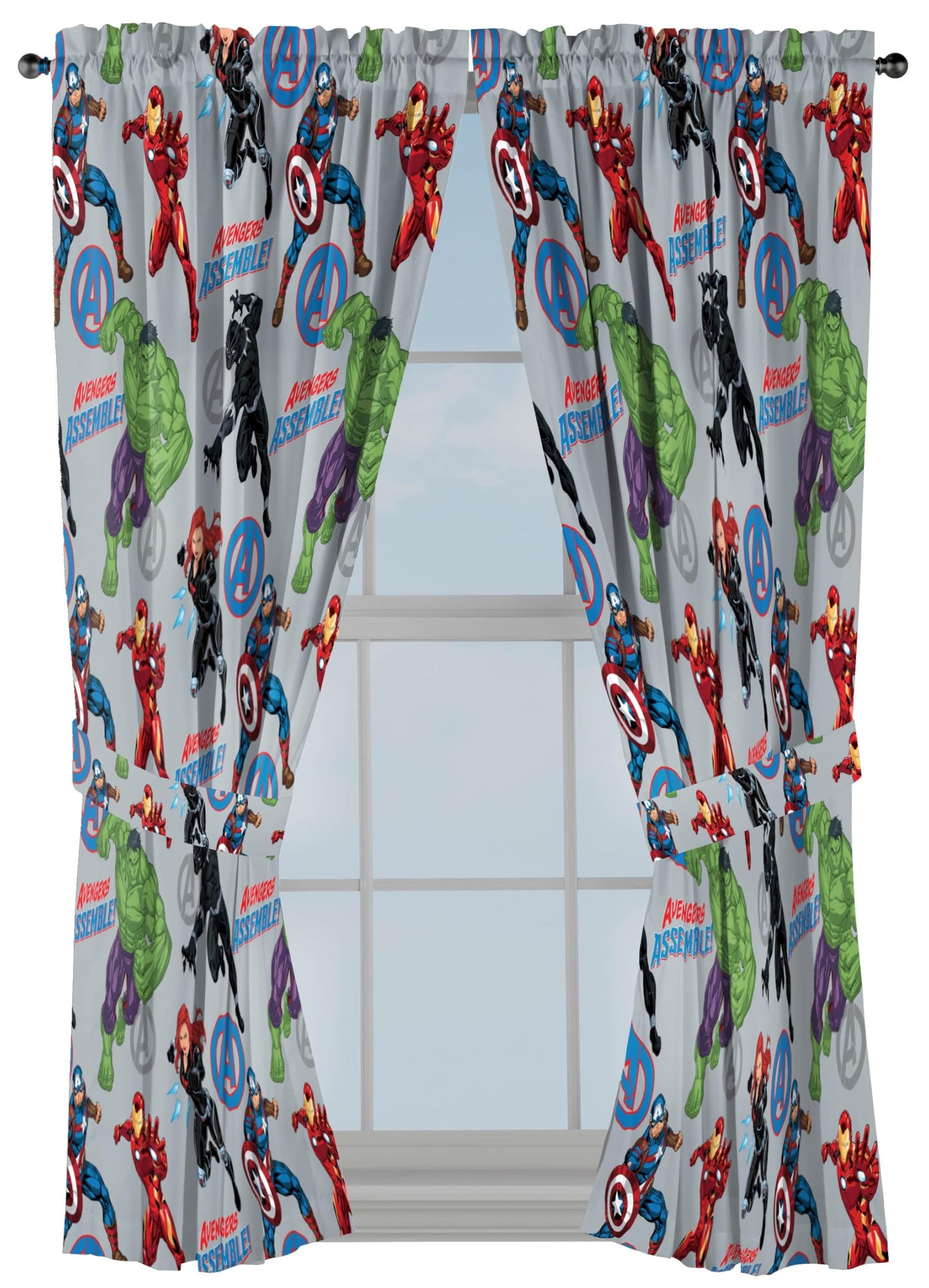 Jay Franco Window Curtains for Kids Bedroom 4-Piece Drape Set with 2 Tiebacks, Grey - Avengers, 42" W x 63" L (Pack of 2)