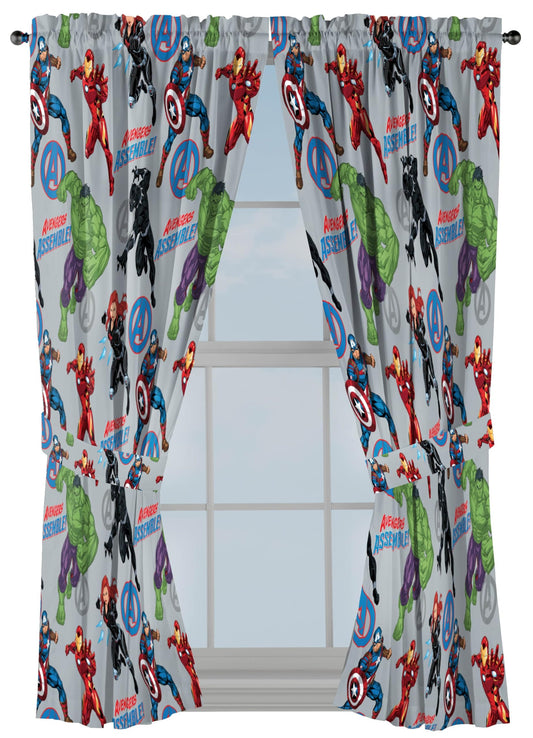Jay Franco Window Curtains for Kids Bedroom 4-Piece Drape Set with 2 Tiebacks, Grey - Avengers, 42" W x 63" L (Pack of 2)