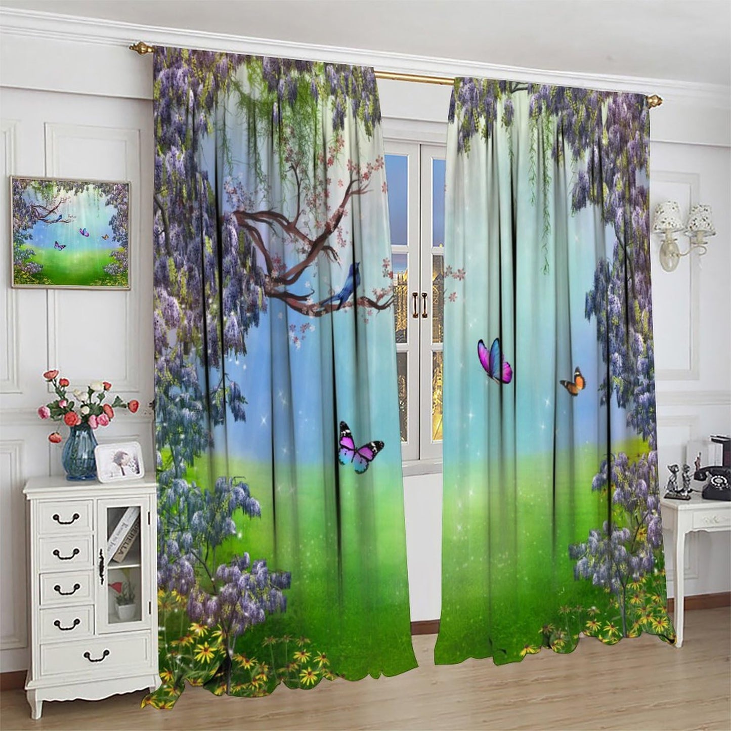 DDCBNS Fantasy Nature Windows Curtains,Magical Forest Plants Flower Window Treatments for Bedroom Living Room Dream Garden Butterfly Drapes 2 Panels Set,Total Size 42 x 45 Inch
