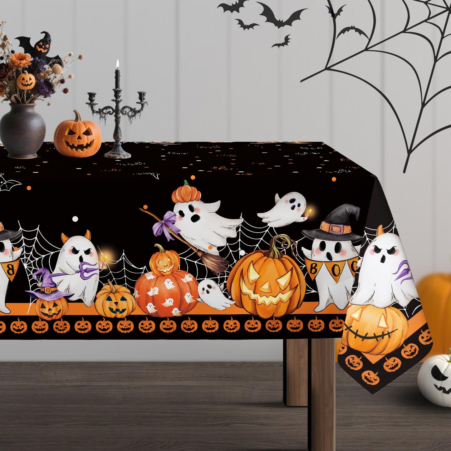 Arquiel Halloween Ghost Pumpkin Tablecloth Waterproof, Black Orange Plaid Table Cloth Rectangle, Washable Table Cover for Halloween Party Home Kitchen Decoration (60×104 Inch)