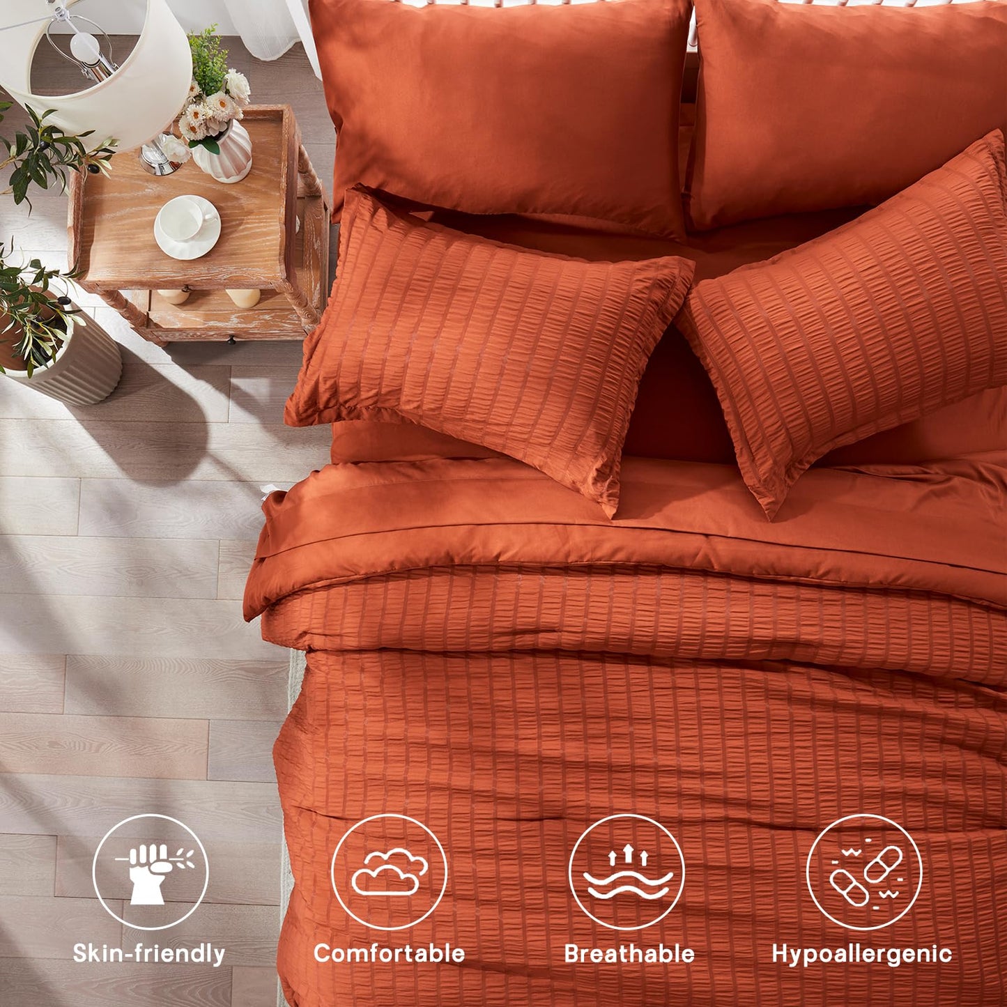 Zzlpp Queen Comforter Set 7 pieces, Burnt Orange Seersucker Bed in a Bag with Sheets, Lightweight Bedding Sets with 1 Comforter, 2 Pillow Shams, 2 Pillowcases, 1 Flat Sheet, 1 Fitted Sheet