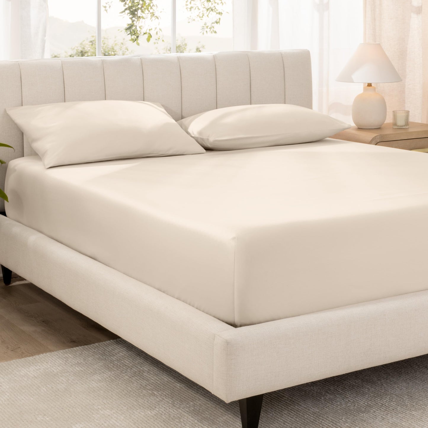 Bare Home 100% Organic Cotton Sateen Fitted Sheet - 400 Thread Count - Smooth Sateen Weave - Breathable & Cooling - Hotel Luxury - Durable Fitted Sheet - Deep Pocket (King, Sand)