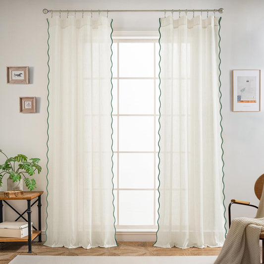 DriftAway Semi Sheer Scalloped Edge Linen Coastal Beach Window Curtains for Living Room Bedroom 2 Panels Rod Pocket Each Size 52 Inch by 96 Inch Loden Green