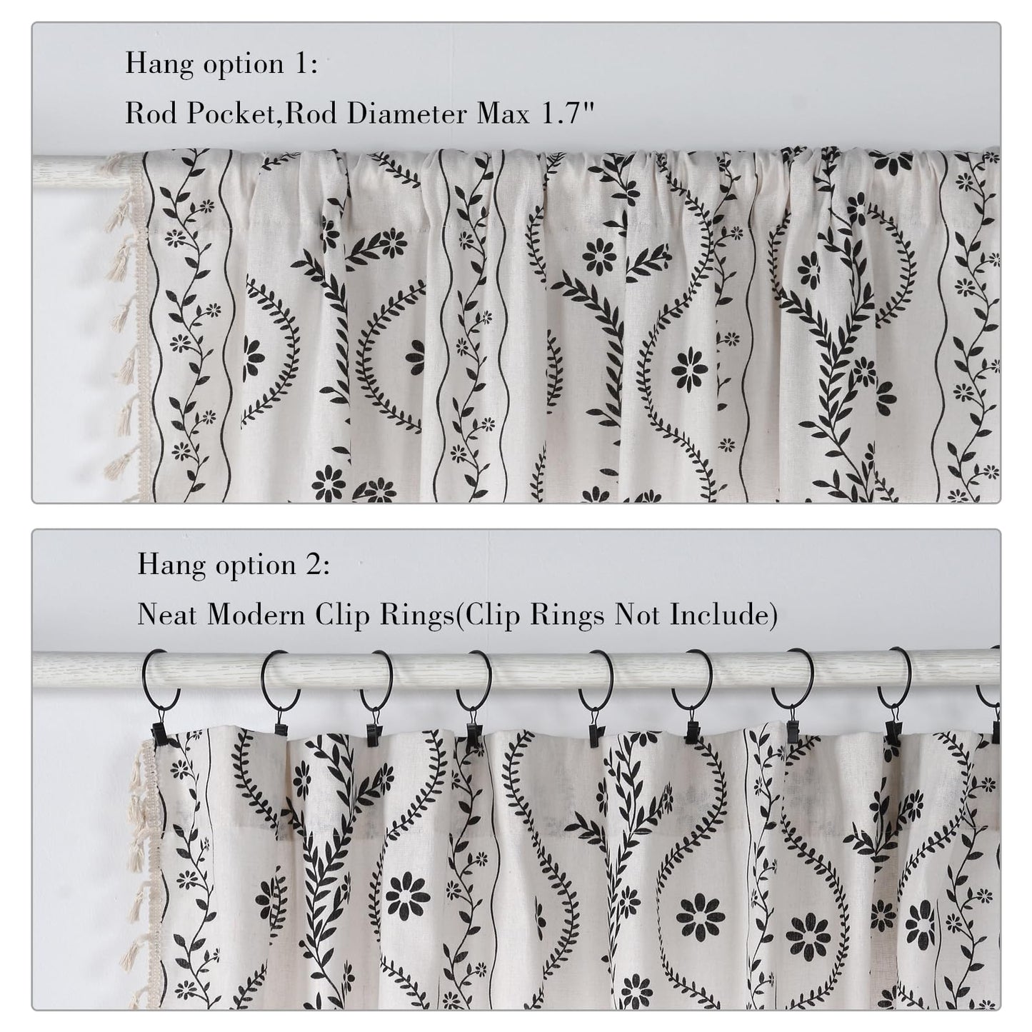 Boho Curtains 2 Panels Set, Farmhouse Linen Semi Sheer Floral Curtains for Living Room, 84 Inches Long Vintage Printed Patterned Curtain with Tassels Rustic Country Curtain Drapes