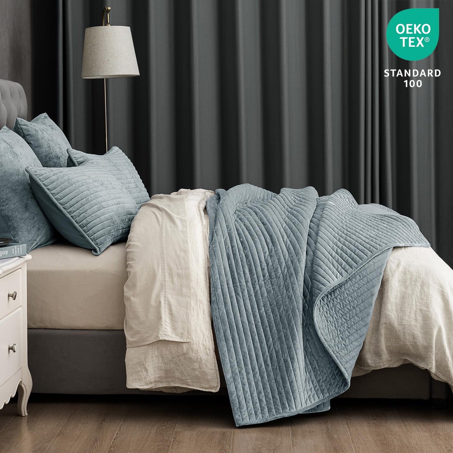 PHF Luxury Velvet Quilt Set Queen Size – 3PCS Ultra Soft Quilted Comforter Alternative with Striped Channel, Cozy Quilted Bedspread, 1 Coverlet with 2 Matching Shams, 90" x 92", Dusty Blue