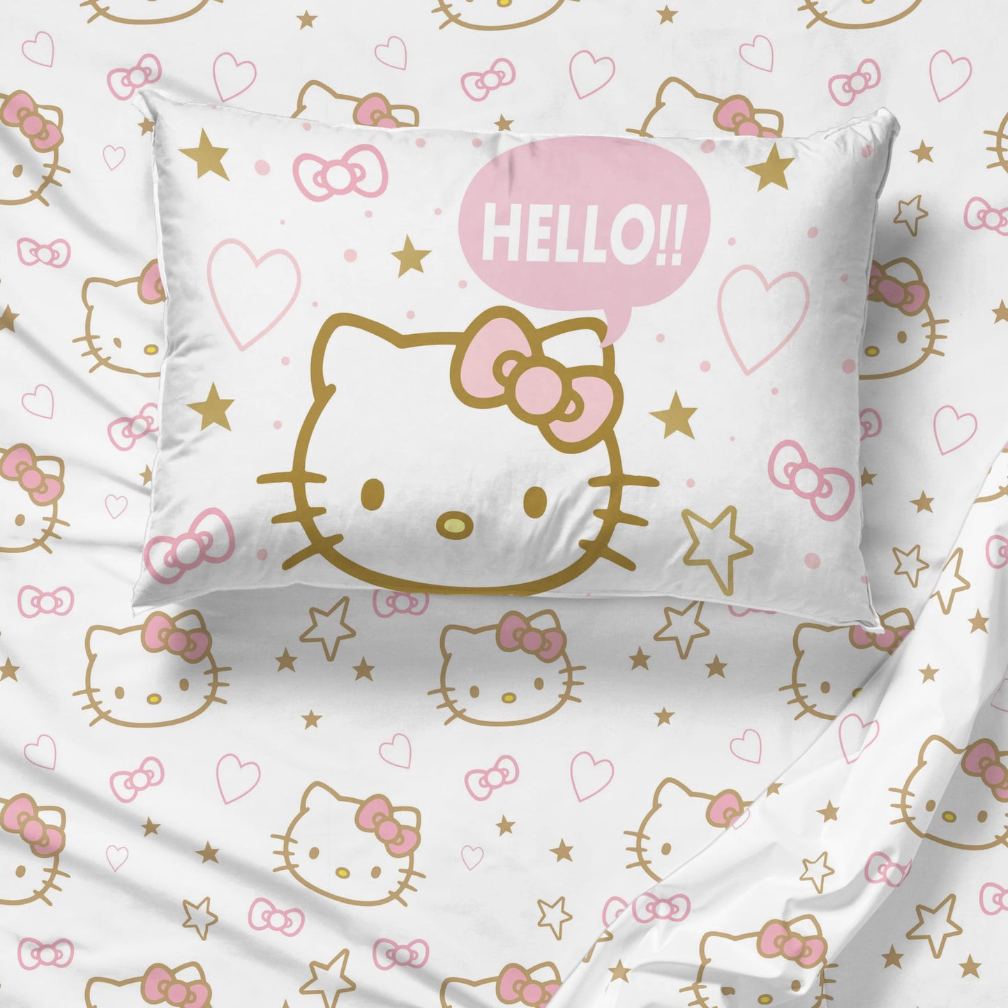 Jay Franco Hello Kitty Twin Comforter Set, 5 Piece Bed in a Bag - Kawaii Pink Bedding Set with Comforter, Sheets and Sham, Soft Brushed Microfiber, Machine Washable, Cute Bedroom Decor