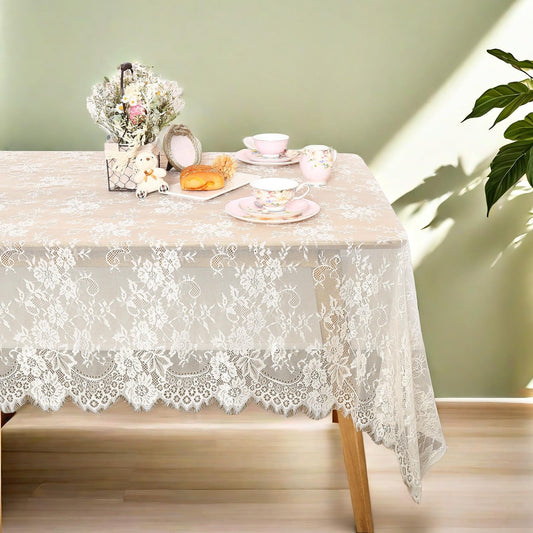 QueenDream Ivory Lace Tablecloth Rectangular 60x120 Inch 2 Pieces Wedding Table Cloth Vintage Embroidered Lace Fabric for Summer Outdoor Tea Party Reception Dinner Home Decor