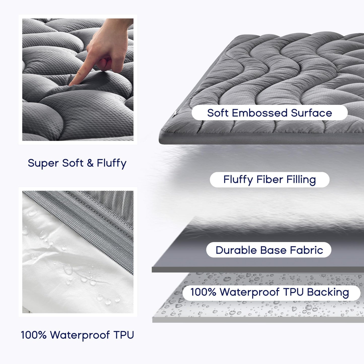 SLEEP ZONE Waterproof Mattress Pad Queen, Breathable Mattress Topper Quilted Fitted Cover Protector with Deep Pockets fits 8-21 inch, Gray
