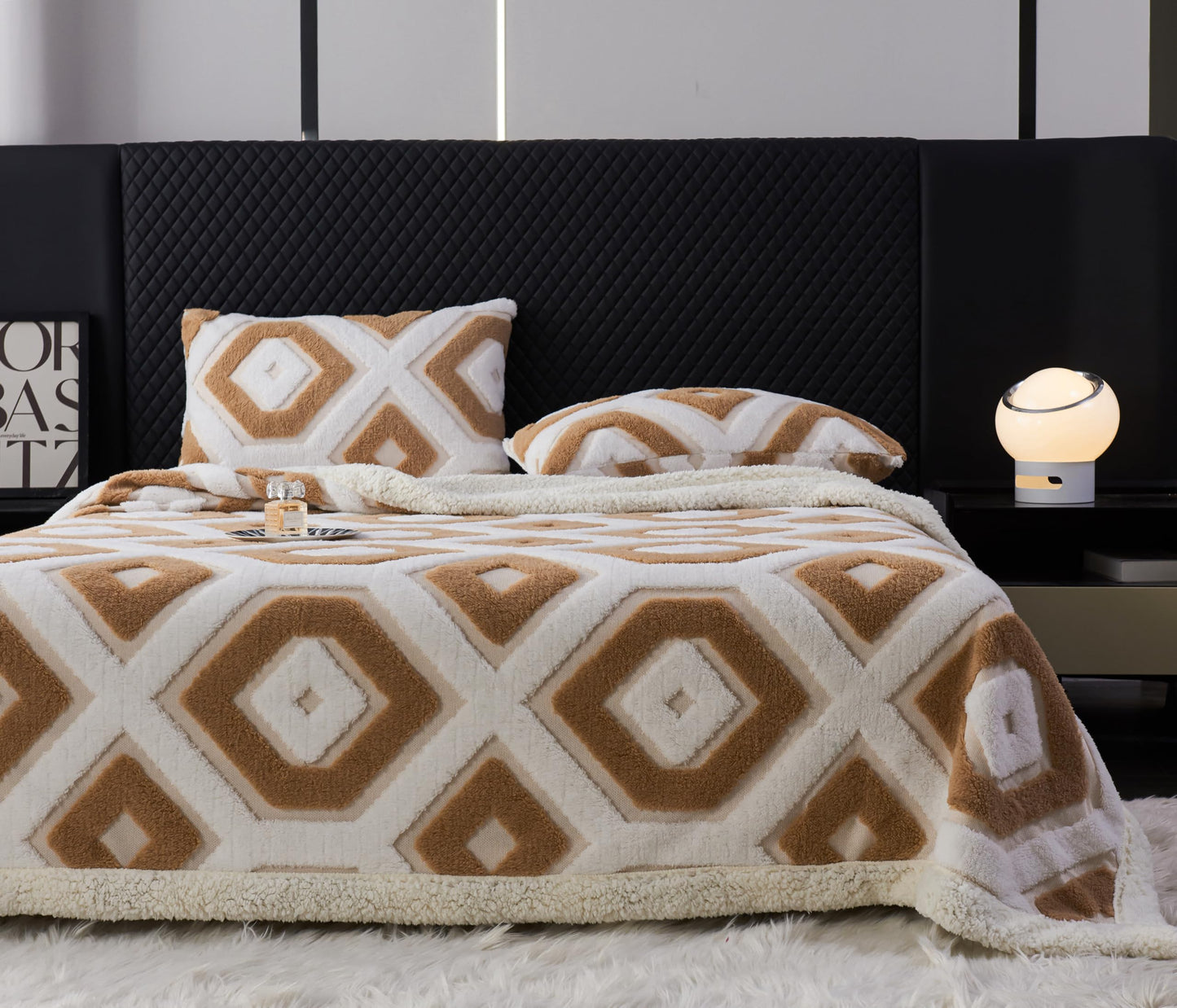 LEVINIS Boho Sherpa Fleece Blanket 80'' × 90'', Ultra Soft Aztec Queen Blankets for All Season, Cozy, Plush, Bohemian Throw Blanket for Bed/Couch/Sofa/Office/Camping, Camel