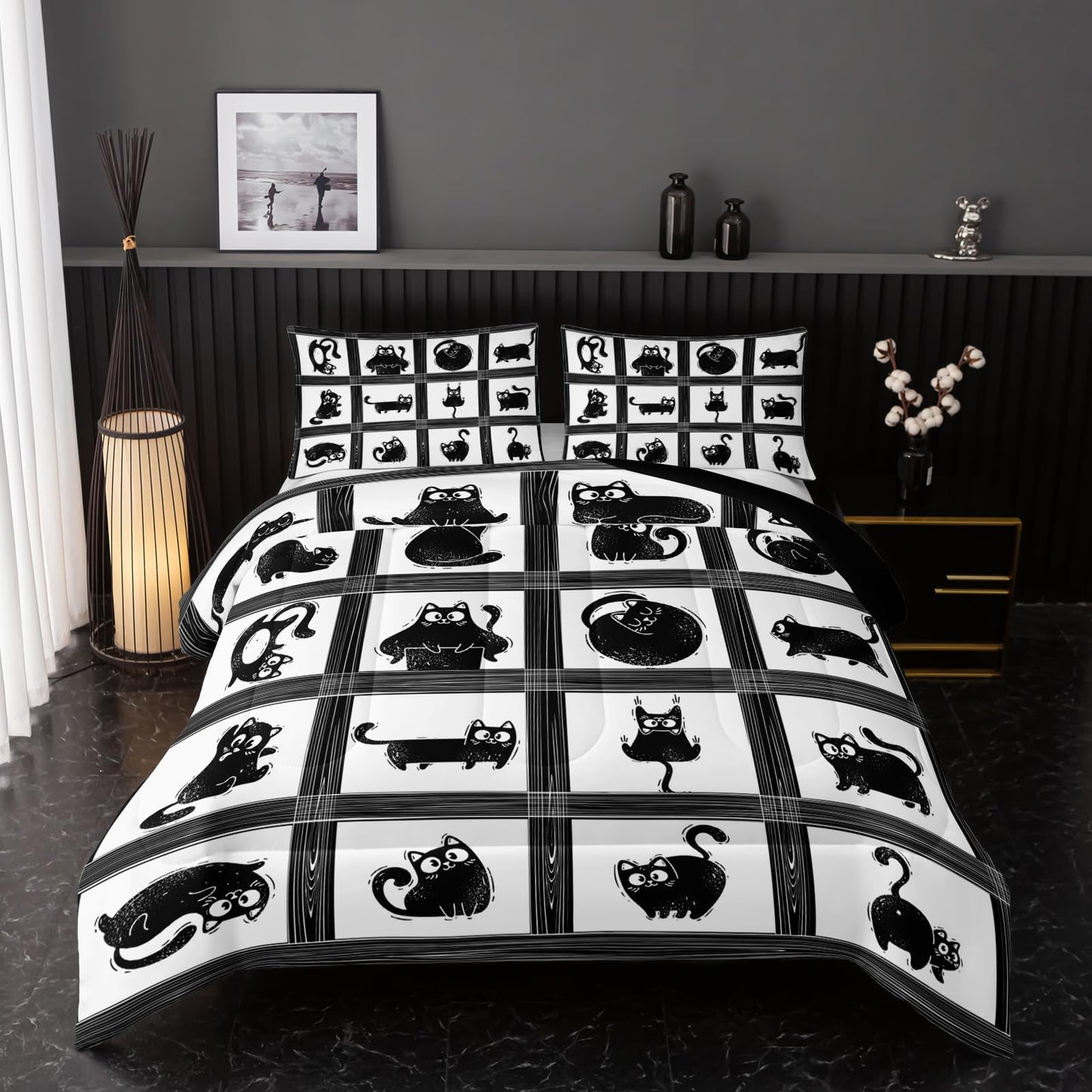 Nttopship Kids Cartoon Cat Comforter Bedding Set Twin,Black Cat and Grid Bedding Set 3 Piece for Teens Kids Boys Girls Adults Room Decor Animals Print Comforter 2 Pillow Cases