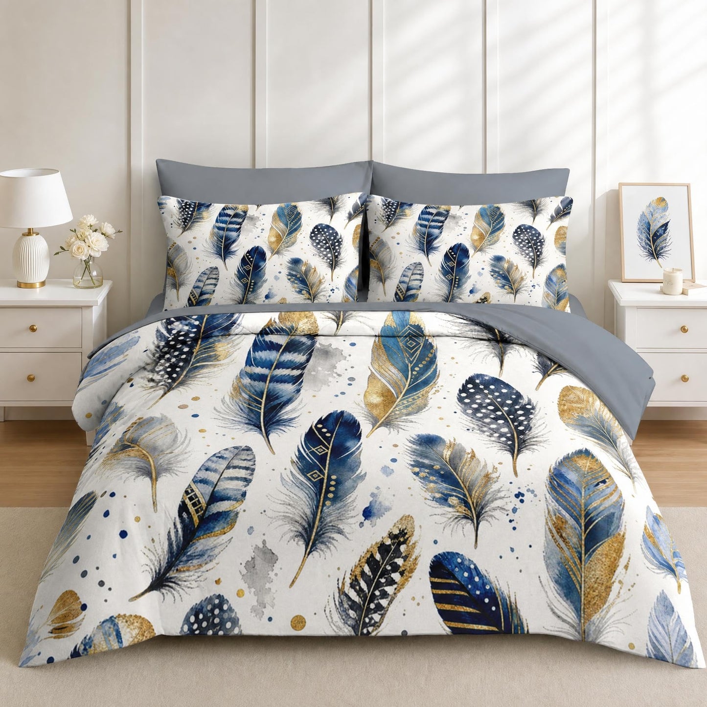 Boewywh Comforter Set Twin Size Feather Boho Navy 7 Pcs, Bedding for Kids and Adults, Gold Western Bed Sheet Sets with Fitted Sheet 2 Pillowcases & 2 Shams for Bedroom Bed Decor