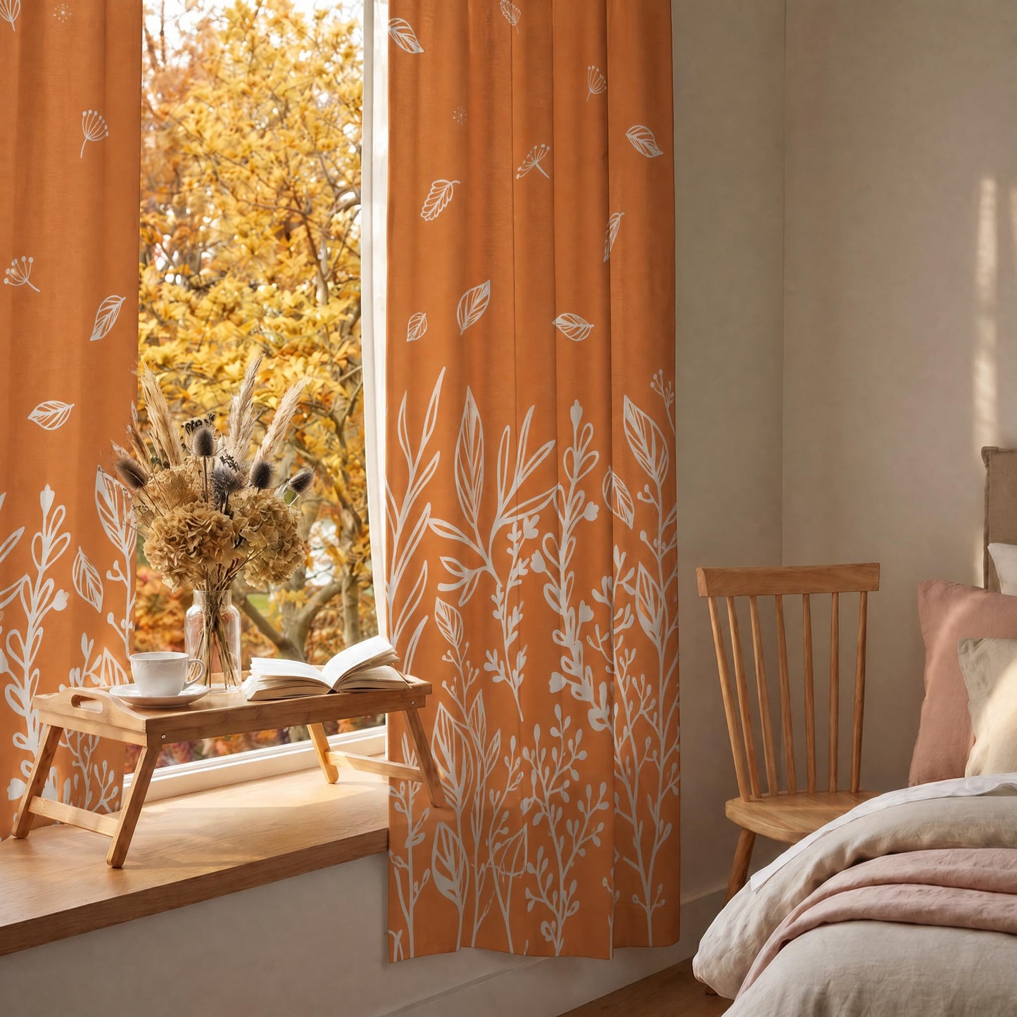 Horaldaily Fall Sheer Curtains for Living Room and Bedroom, Thanksgiving Autumn Harvest Orange Wild Flowers Window Curtains, Rod Pocket, 52" W x 84" L, Set of 2 Curtain Panels